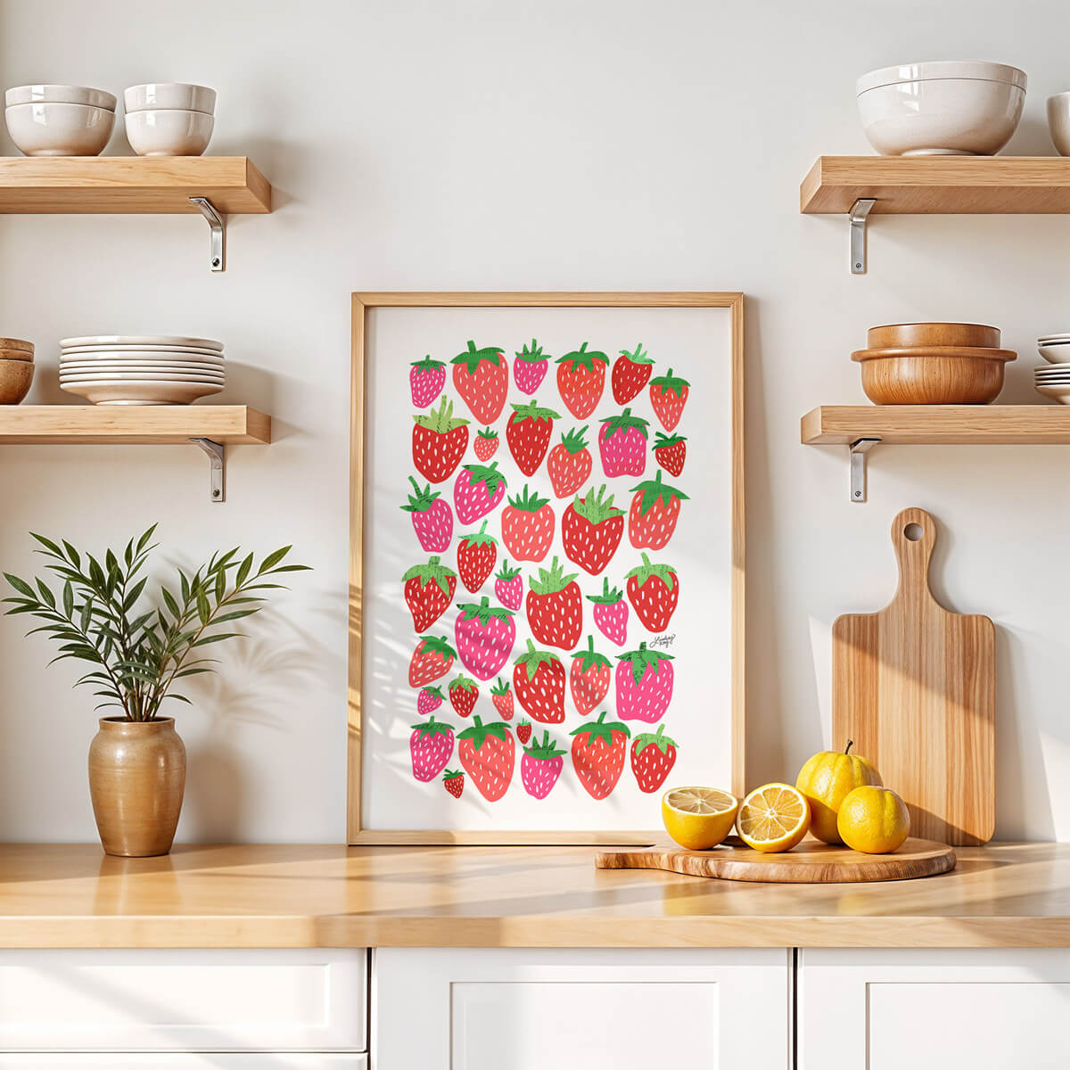 Hand-drawn strawberry collage art print by Lindsey Kay Collective – whimsical fruit wall art with vintage paper details – colorful strawberry illustration perfect for kitchens, gallery walls, or home decor – printed on enhanced matte paper with vibrant inks – available in multiple sizes