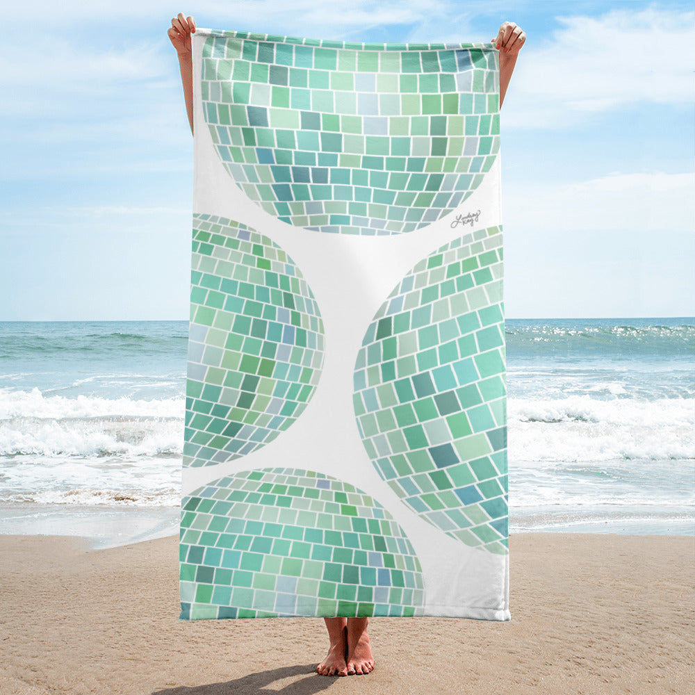 green disco balls illustration artwork beach pool towel trendy groovy lindsey kay collective