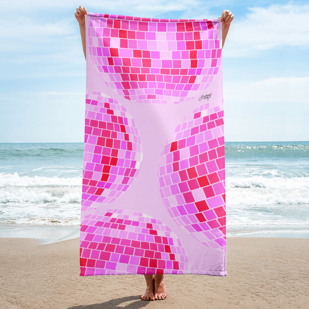disco balls beach towel neon pink artwork pool accessories summer sun trendy illustration lindsey kay collective