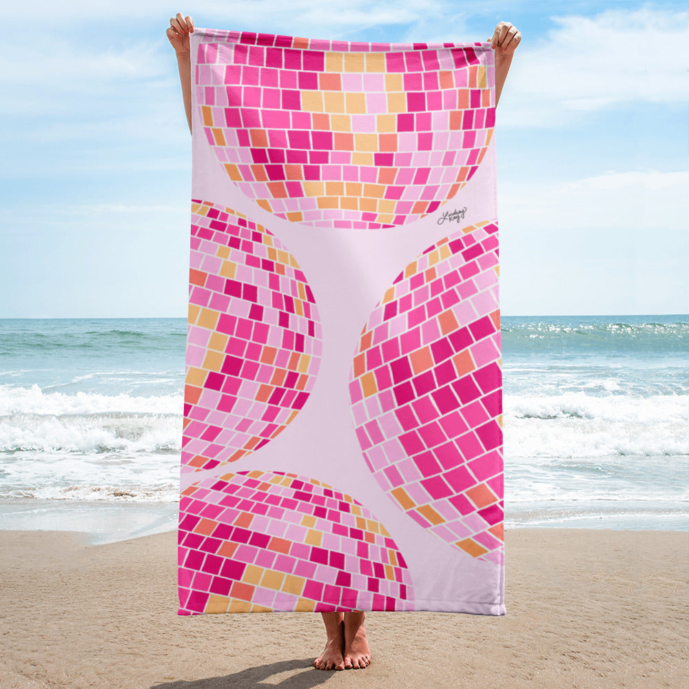 disco balls beach towel cute pink orange yellow pool accessories summer sun trendy illustration lindsey kay collective