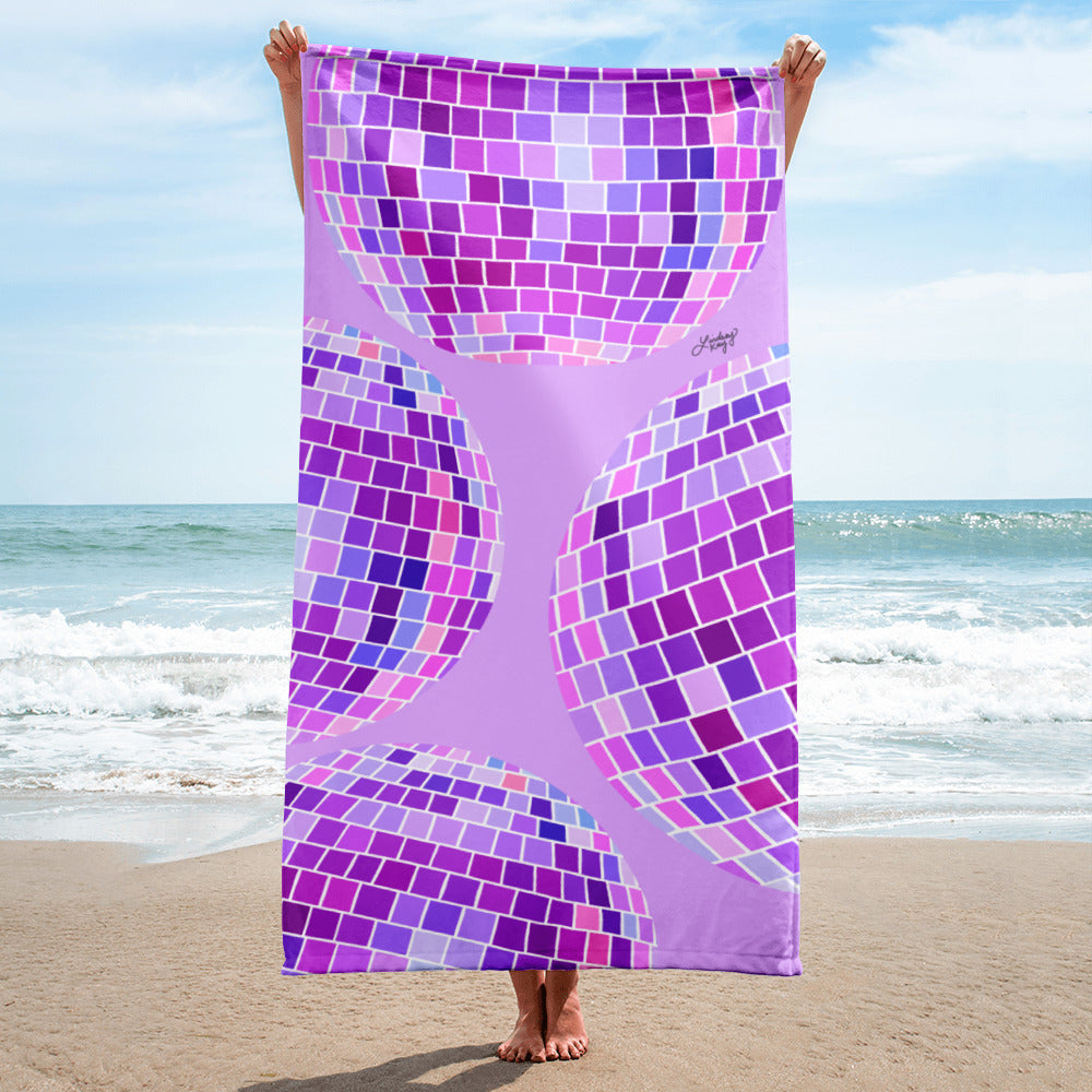 disco balls beach towel cute purple pink  pool accessories summer sun trendy illustration lindsey kay collective