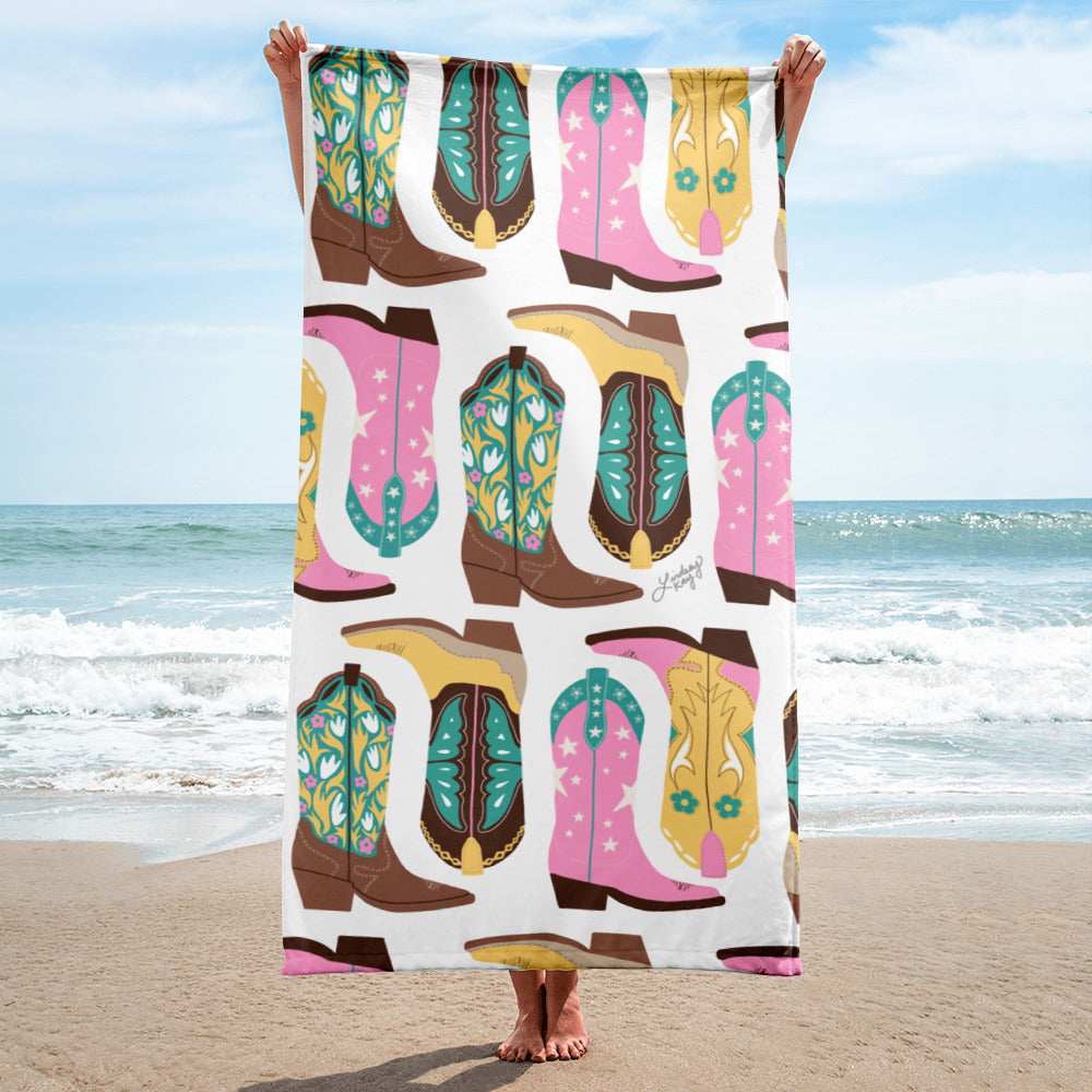 turquoise pink yellow cowboy cowgirl boots illustration design pattern country western chic girly texas beach towel pool summer ocean lindsey kay collective