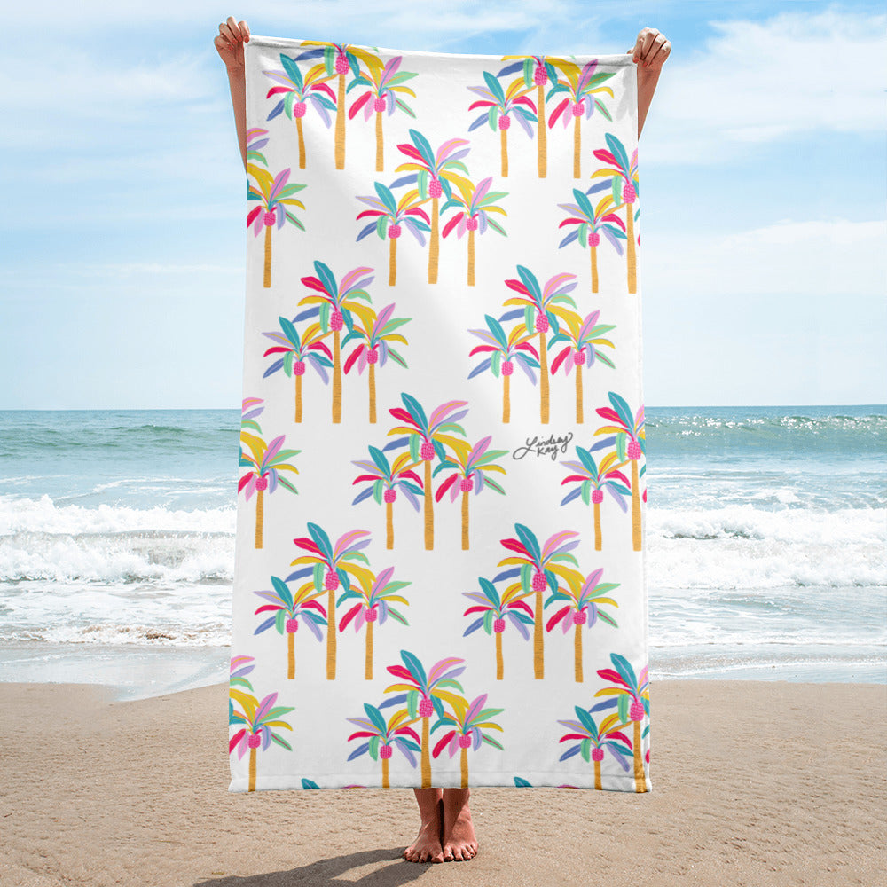 pastel palm tree illustration pattern beach towel microfiber towel tropical florida bachelorette pool summer colorful lindsey kay collective