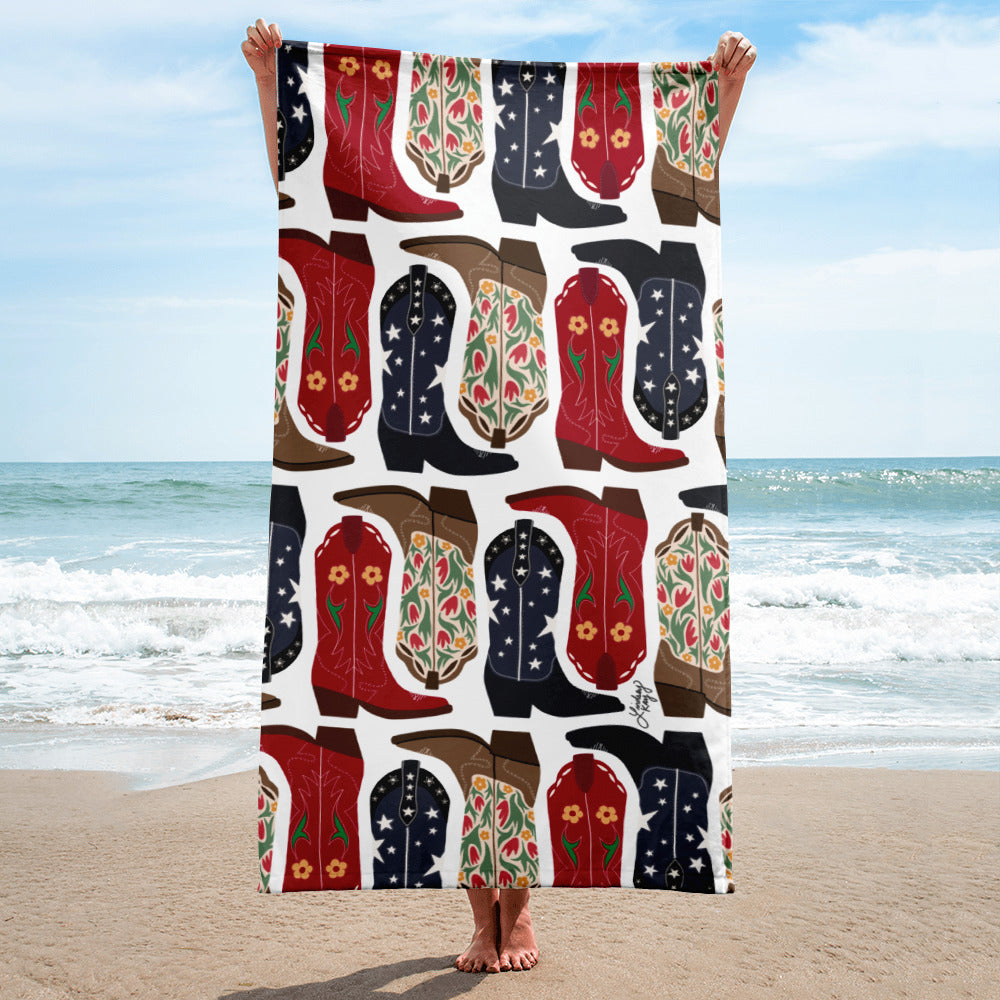 cowboy boots illustration pattern western country cowgirl beach towel pool-towel summer lindsey kay collective
