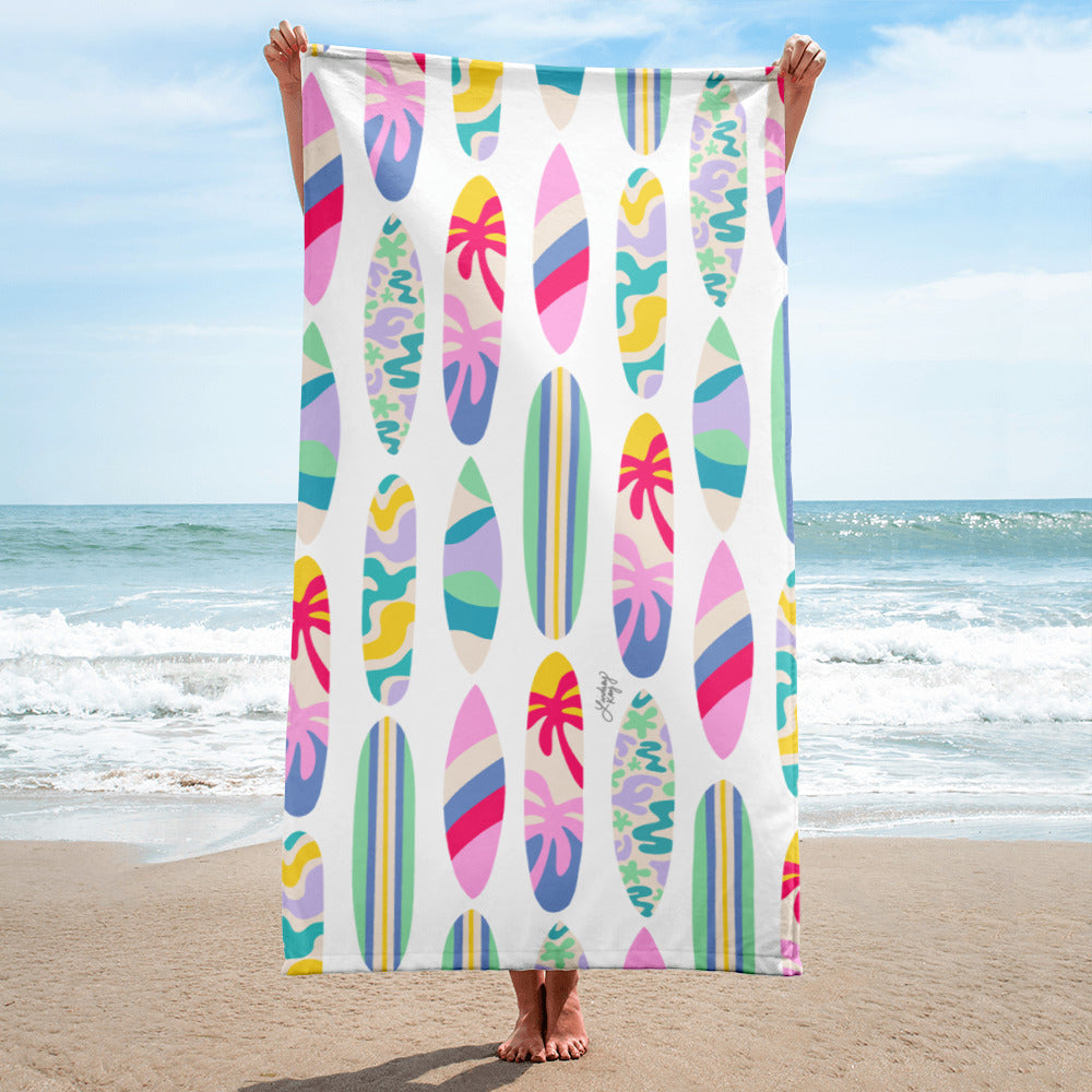 colorful surf boards beach towel illustration artwork cute trendy beachy ocean water pool lindsey kay collective