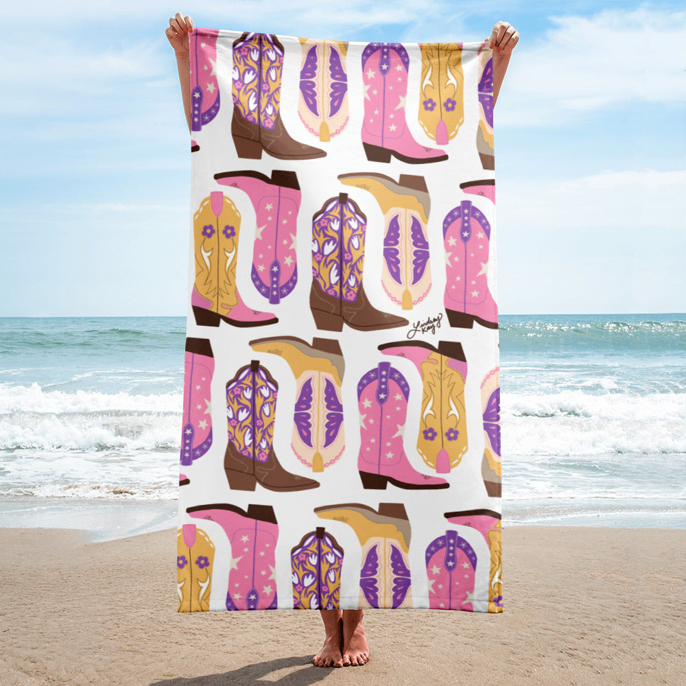 cowboy boots illustration patterned beach towel pool accessories vacaction texas bachelorette-party trendy cute sorority pink purple yellow