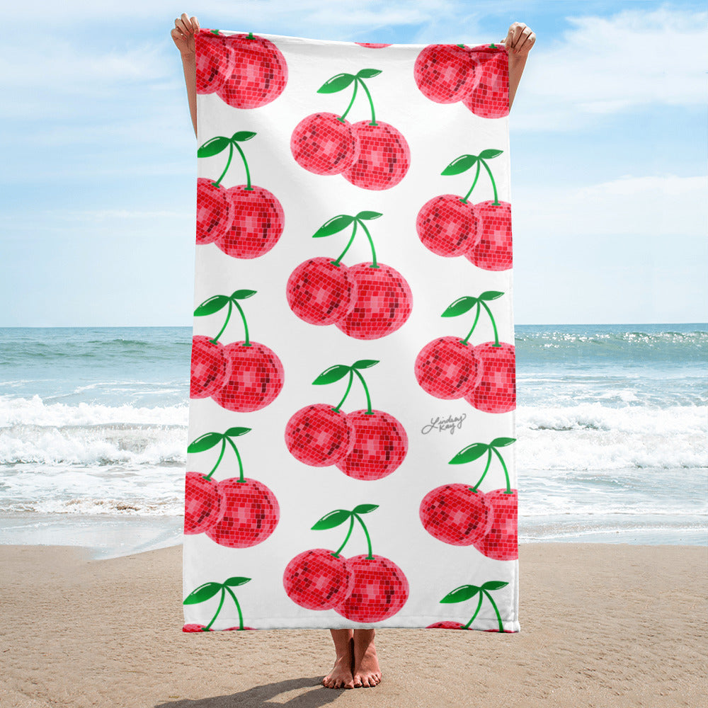 red disco ball cherries cherry beach towel pool summer accessories bachelorette cute girly trendy swimming microfiber lindsey kay collective