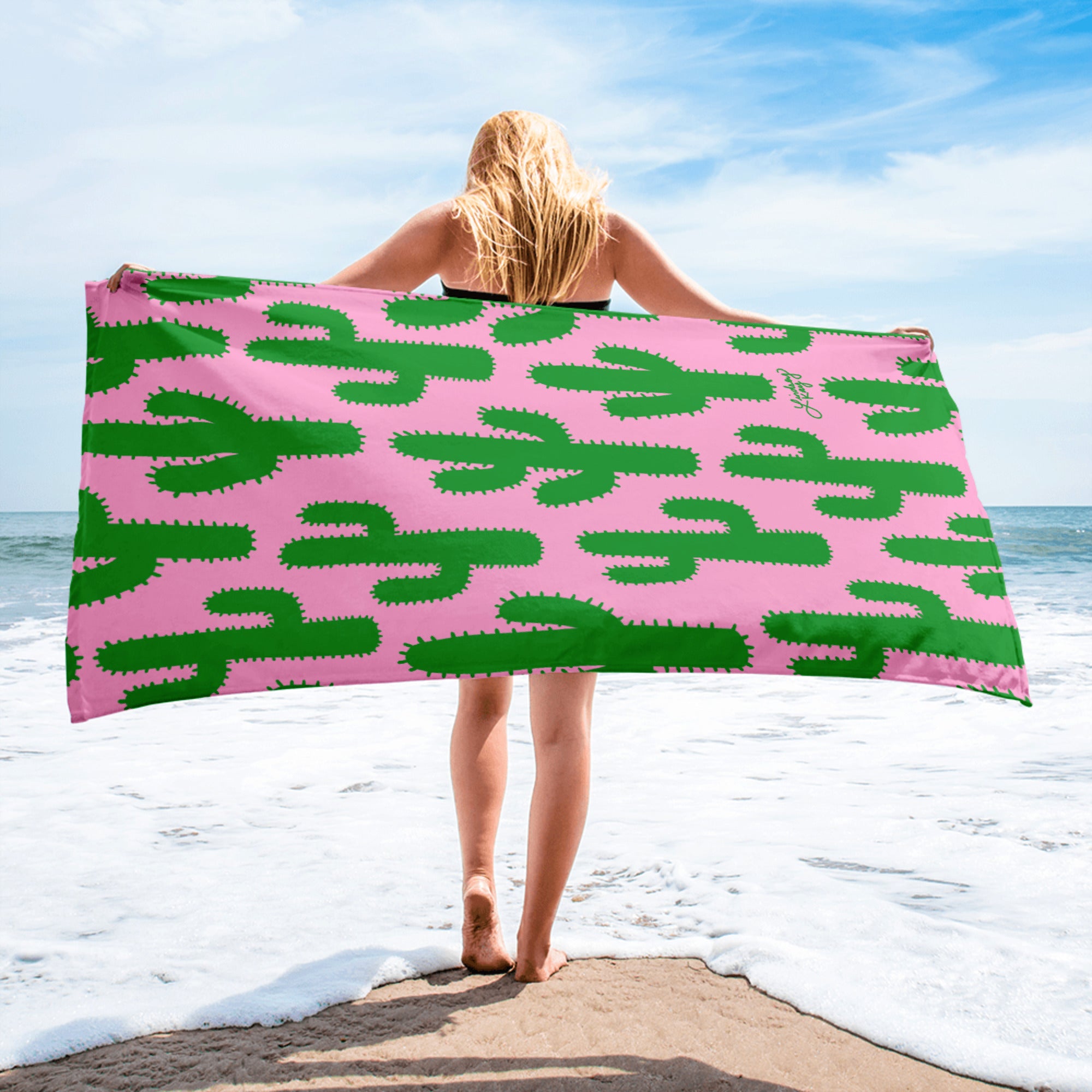 Pink and Green Cactus - Beach Towel