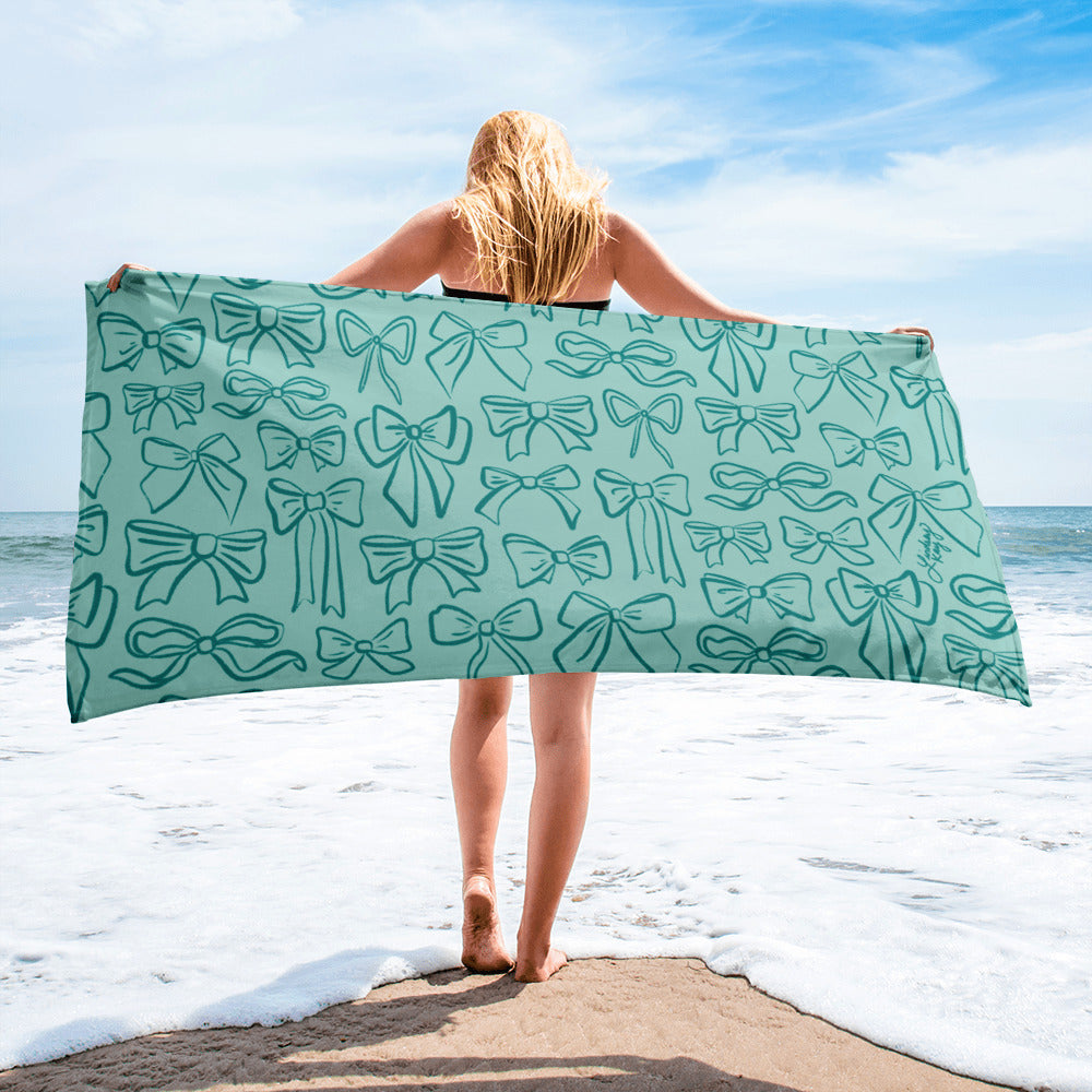 ribbon illustration pattern beach towel pool accessories summer bachelorette gifts cute trendy preppy coquette lindsey kay collective sorority green blue