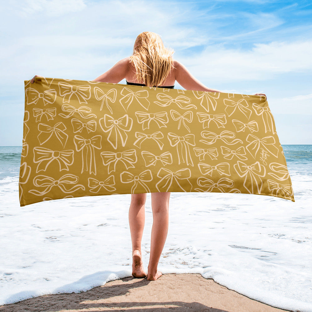 ribbon illustration pattern beach towel pool accessories summer bachelorette gifts cute trendy preppy coquette lindsey kay collective sorority yellow mustard bows