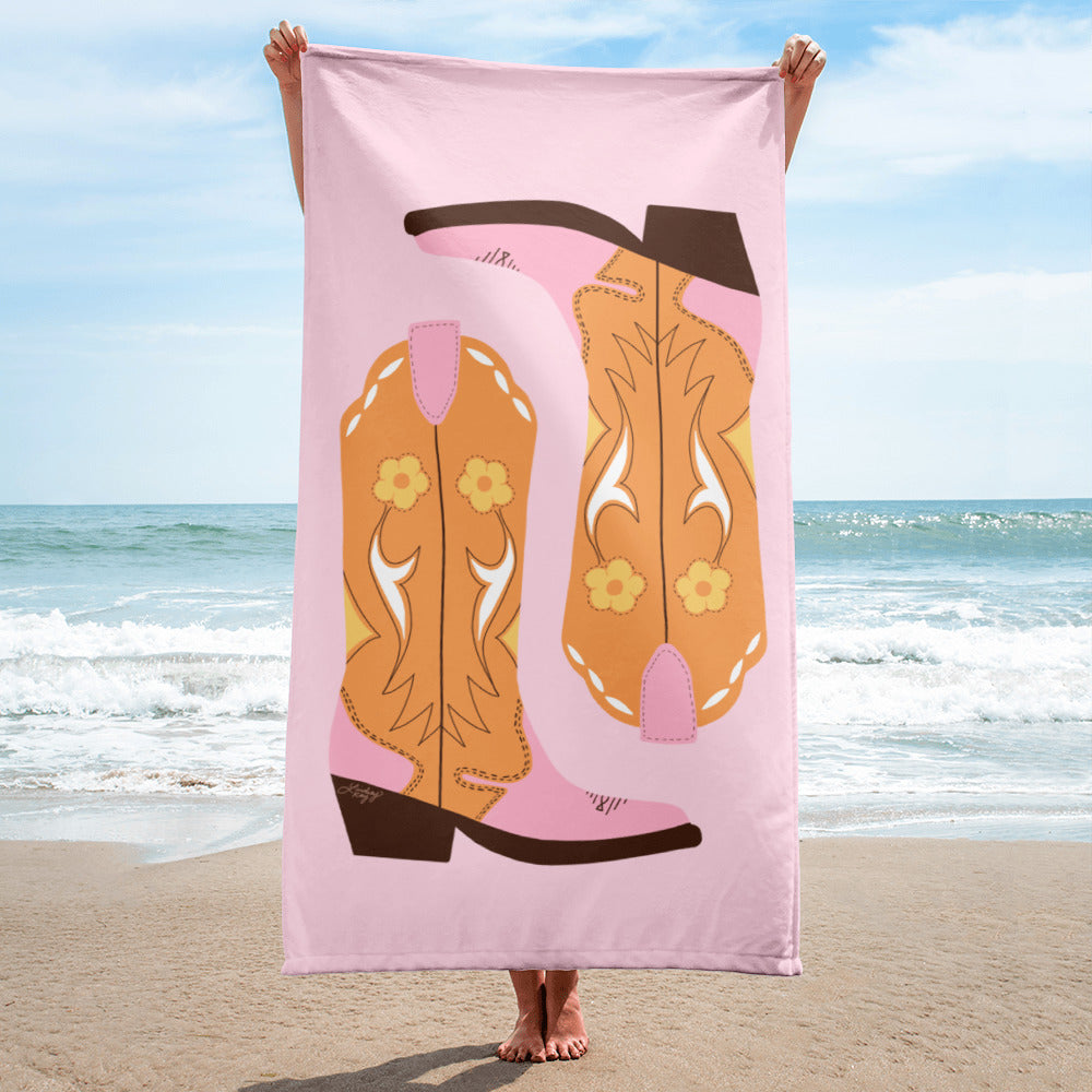 beach towel pool accessories bath-towel summer party retro cute preppy bachelorette gift girly pastel flower power western country cowgirl cowboy boots illustration  lindsey kay collective pink