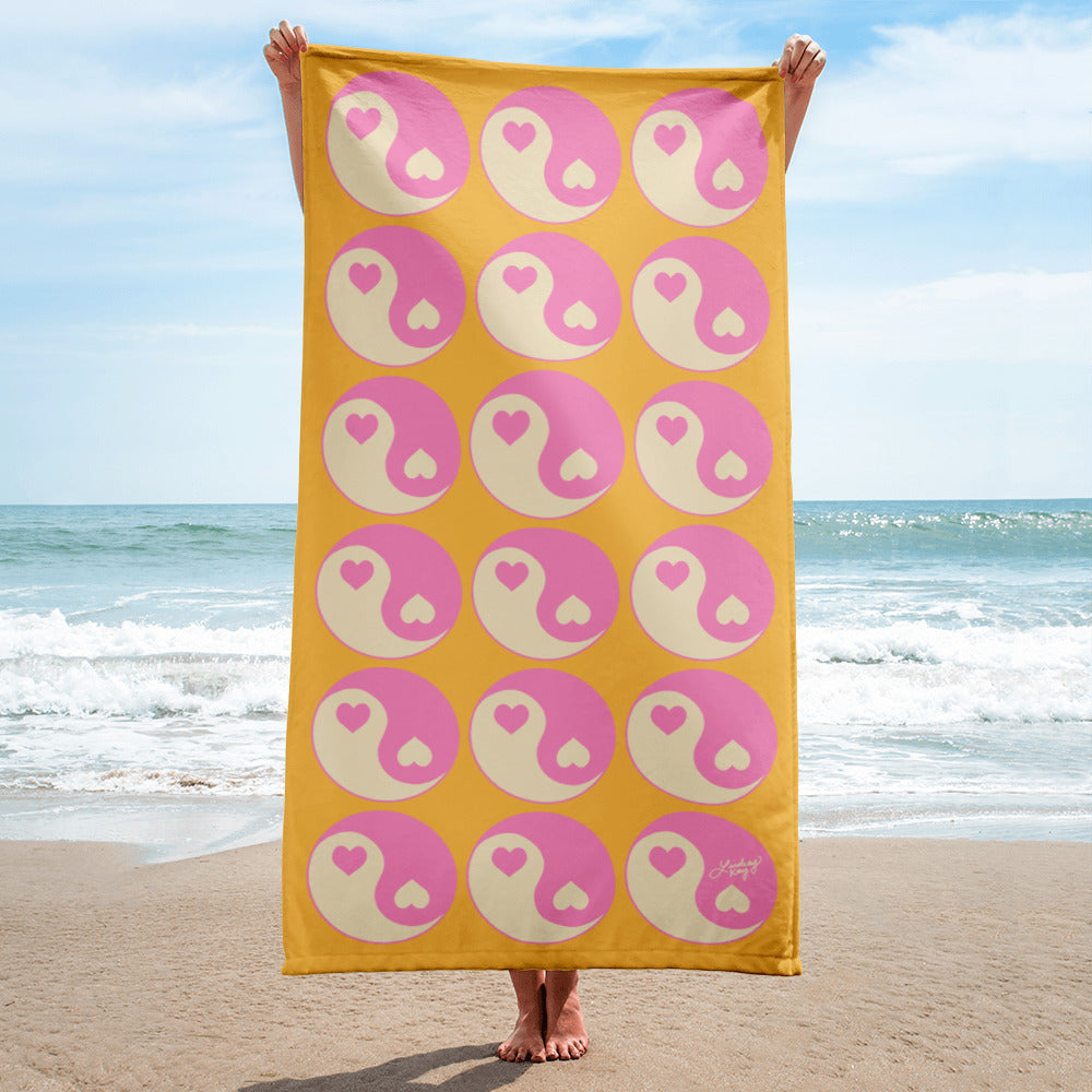 Pink, yellow, and white yin-yang heart beach towel – trendy summer towel for stylish girls, perfect for beach days and poolside lounging, 30×60 inches, printed on one side