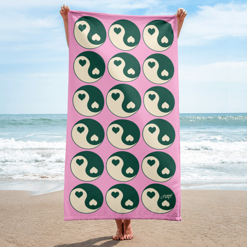 Pink, green, and white yin-yang heart beach towel – trendy summer towel for stylish girls, perfect for beach days and poolside lounging, 30×60 inches, printed on one side