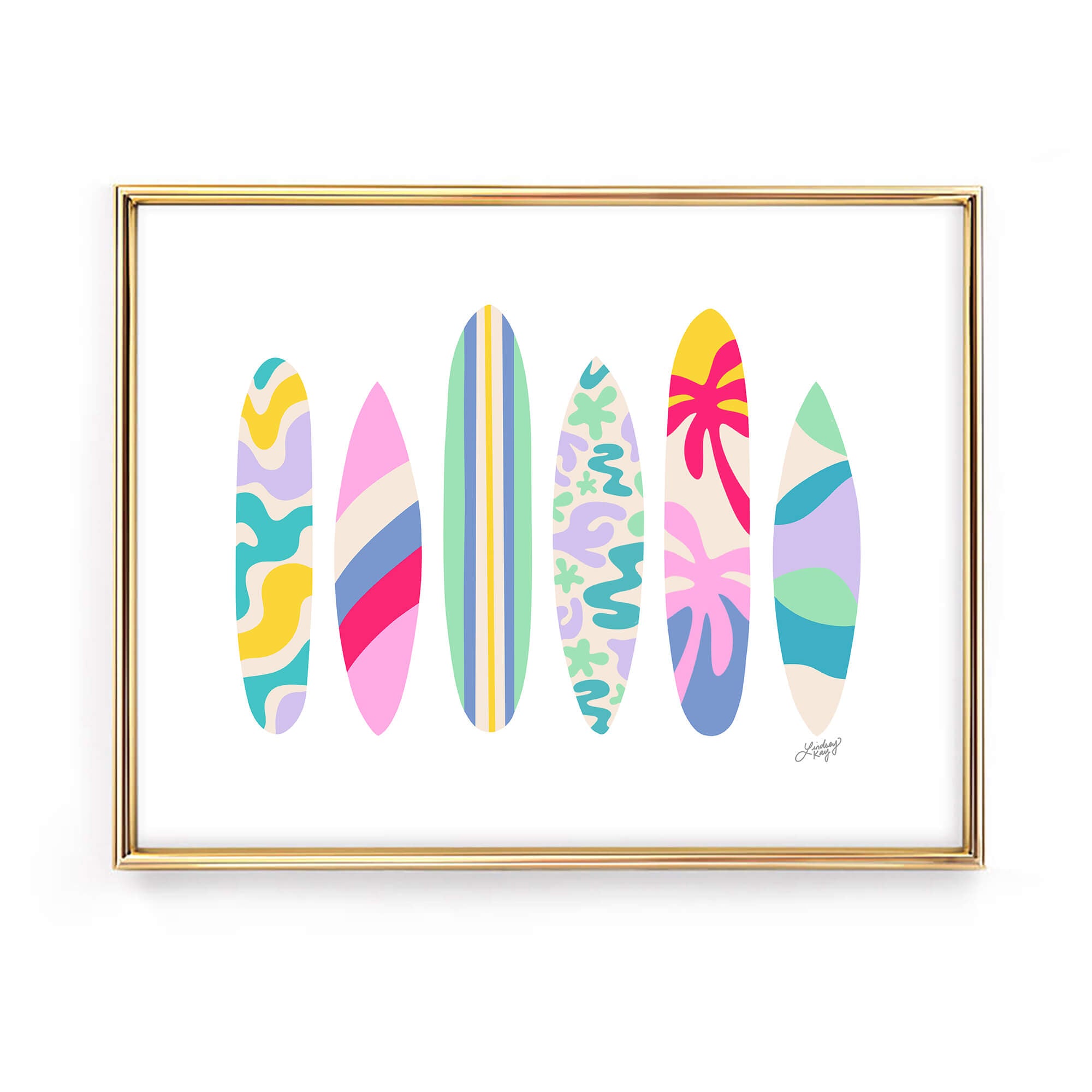 colorful bright illustrated surf boards art print surfing poster surf wall art decor lindsey kay collective