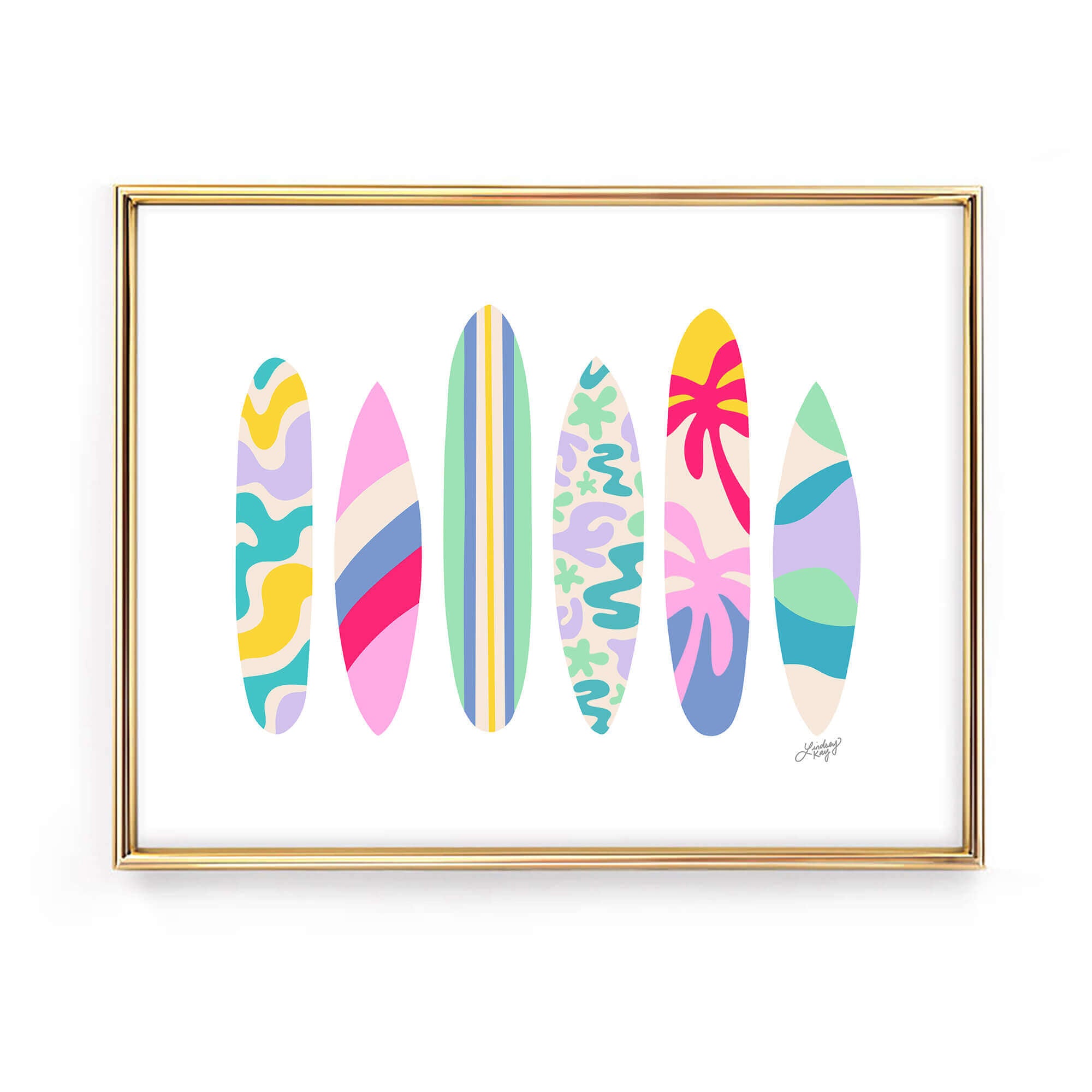 Hand-illustrated retro surfboard art print by Lindsey Kay Collective – tropical beach decor available in five color palettes – perfect for beach houses, dorm rooms, Airbnbs, retro spaces, or gallery walls – printed on enhanced matte paper with vibrant inks – available in 10 sizes