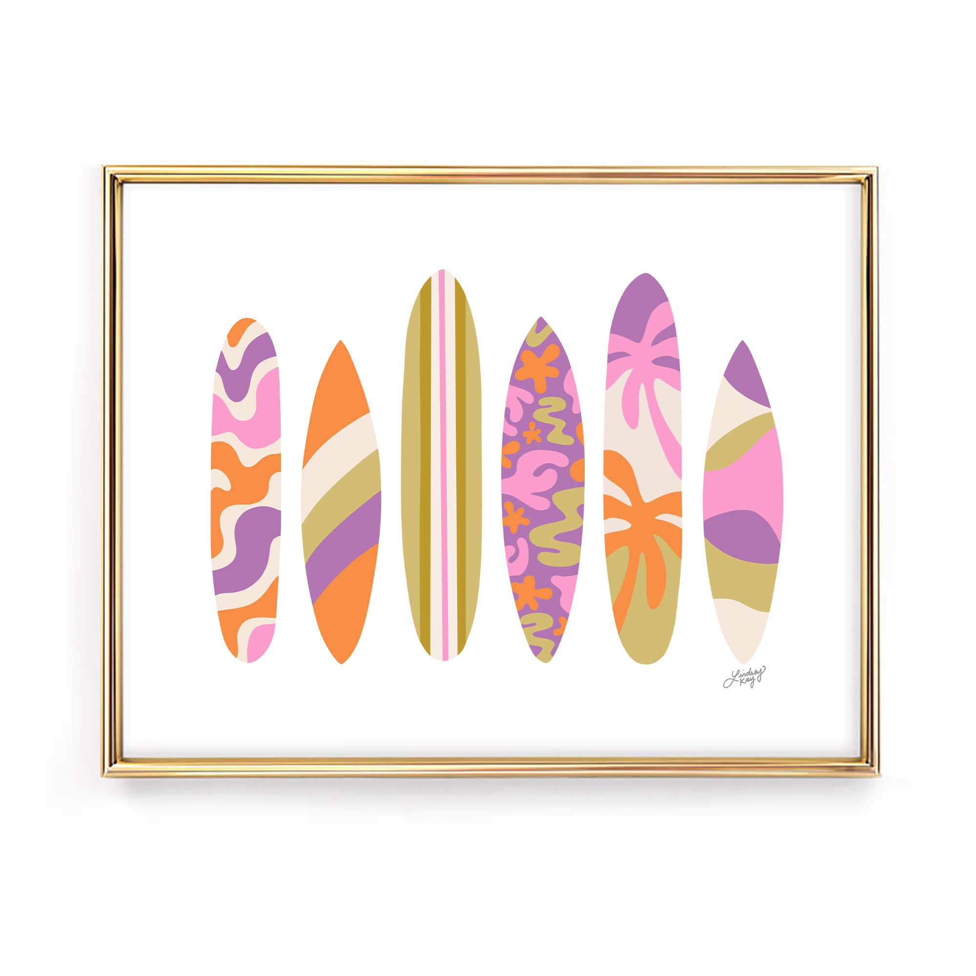 Hand-illustrated retro surfboard art print by Lindsey Kay Collective – tropical beach decor available in five color palettes – perfect for beach houses, dorm rooms, Airbnbs, retro spaces, or gallery walls – printed on enhanced matte paper with vibrant inks – available in 10 sizes
