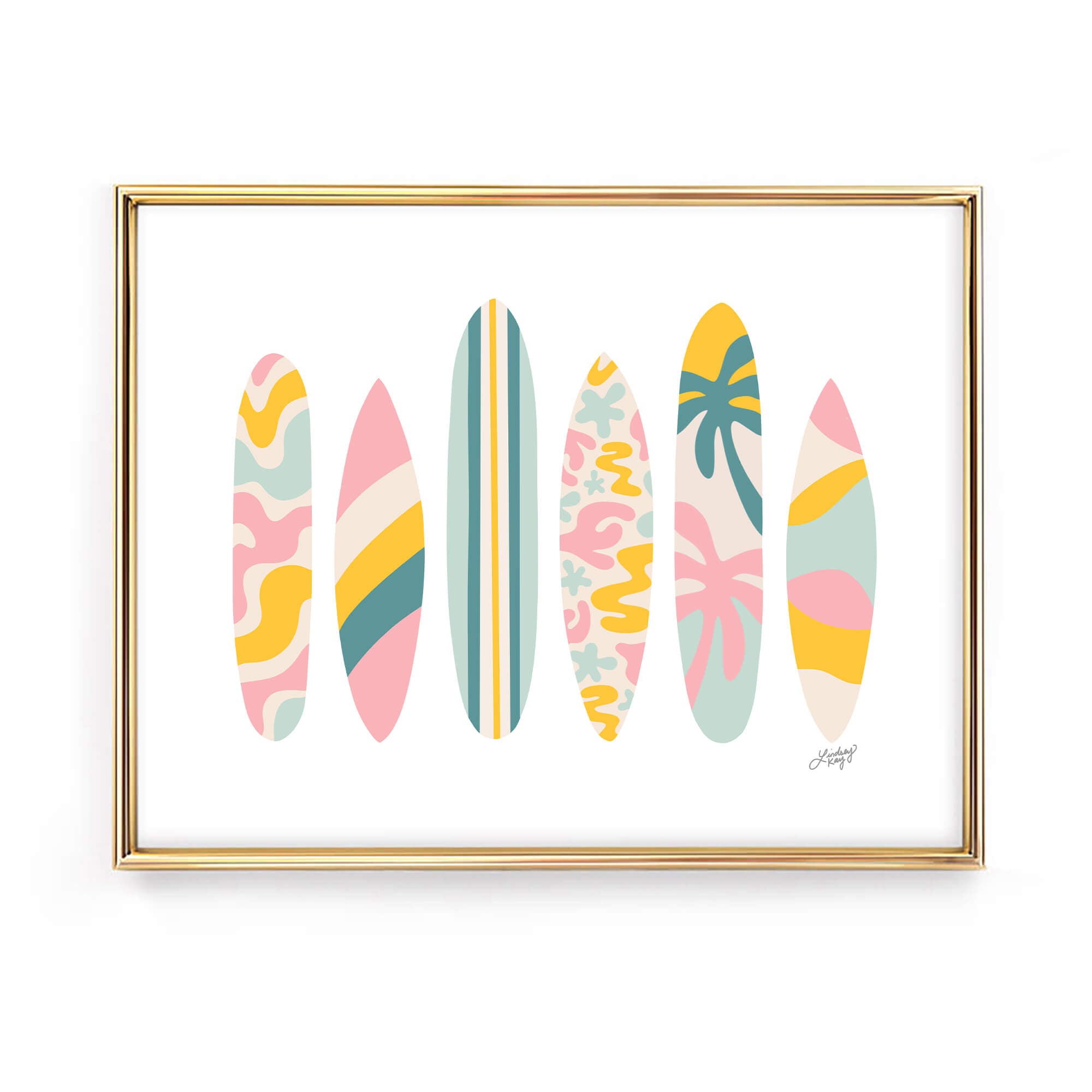 Hand-illustrated retro surfboard art print by Lindsey Kay Collective – tropical beach decor available in five color palettes – perfect for beach houses, dorm rooms, Airbnbs, retro spaces, or gallery walls – printed on enhanced matte paper with vibrant inks – available in 10 sizes