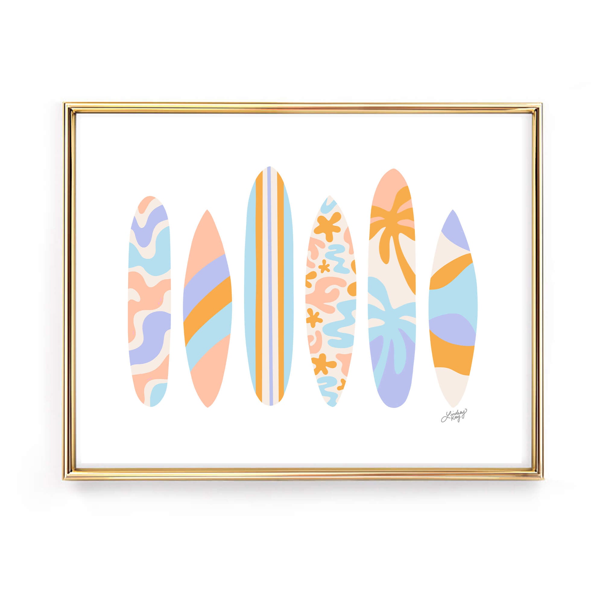 Hand-illustrated retro surfboard art print by Lindsey Kay Collective – tropical beach decor available in five color palettes – perfect for beach houses, dorm rooms, Airbnbs, retro spaces, or gallery walls – printed on enhanced matte paper with vibrant inks – available in 10 sizes