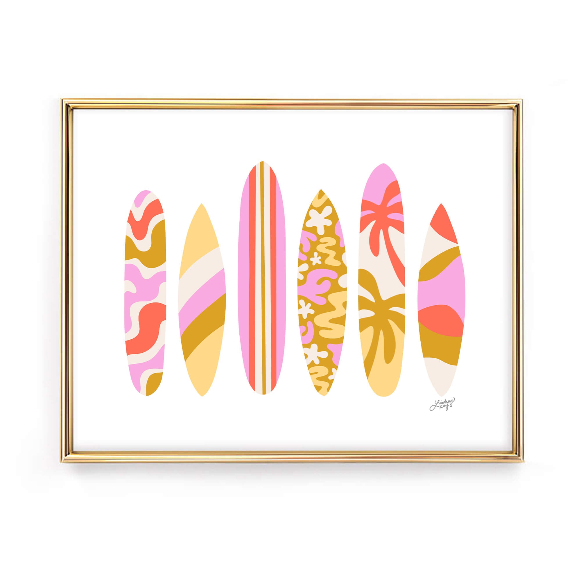 Hand-illustrated retro surfboard art print by Lindsey Kay Collective – tropical beach decor available in five color palettes – perfect for beach houses, dorm rooms, Airbnbs, retro spaces, or gallery walls – printed on enhanced matte paper with vibrant inks – available in 10 sizes