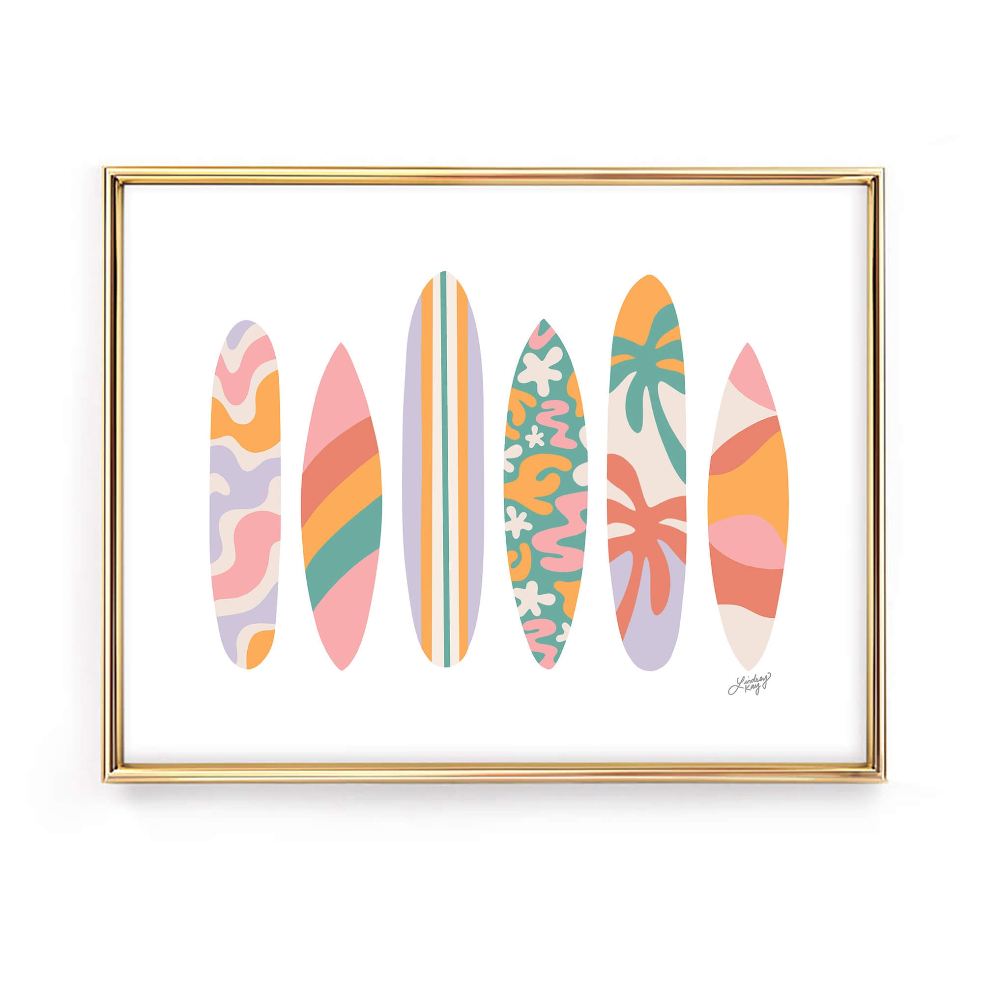 Hand-illustrated retro surfboard art print by Lindsey Kay Collective – tropical beach decor available in five color palettes – perfect for beach houses, dorm rooms, Airbnbs, retro spaces, or gallery walls – printed on enhanced matte paper with vibrant inks – available in 10 sizes