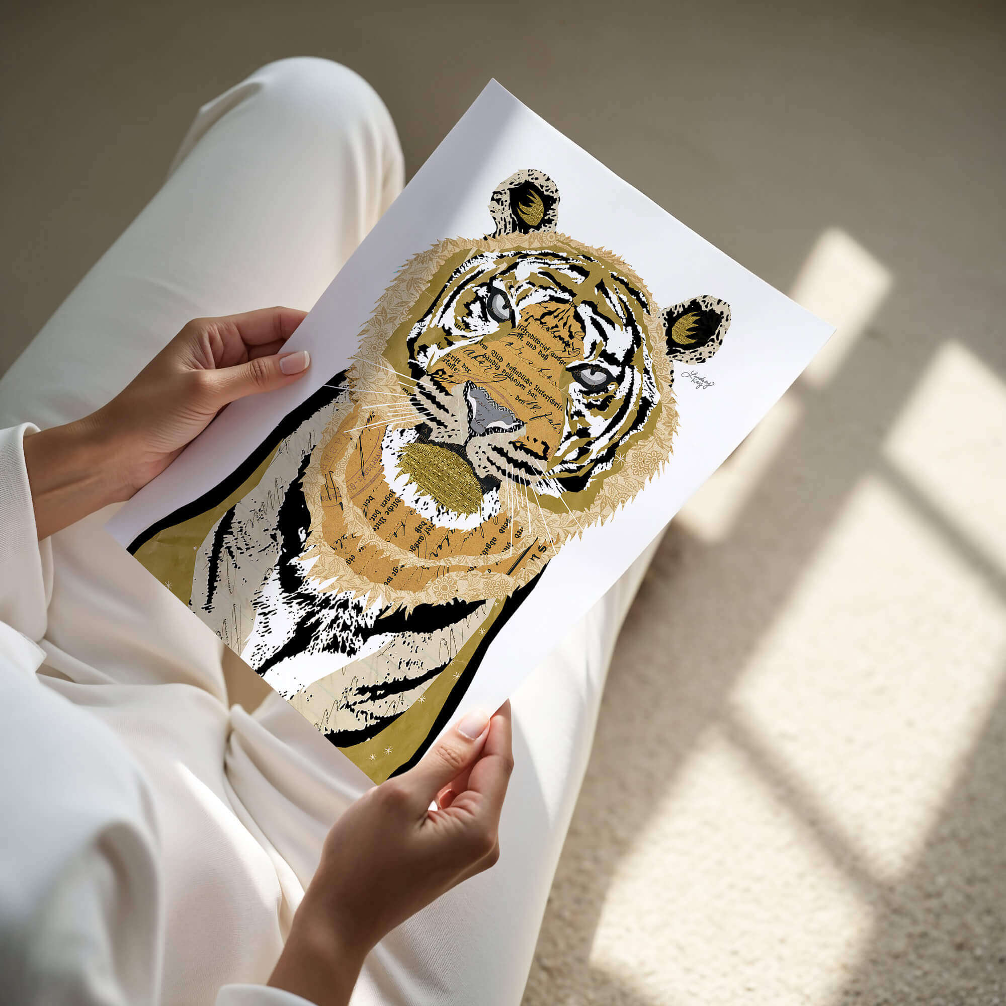 Gold collaged tiger art print by Lindsey Kay Collective – one-of-a-kind animal wall art made from vintage paper – bold vibrant tiger design perfect for gallery walls, dorm rooms, or animal lovers – printed on enhanced matte paper with bright inks – available in 10 sizes