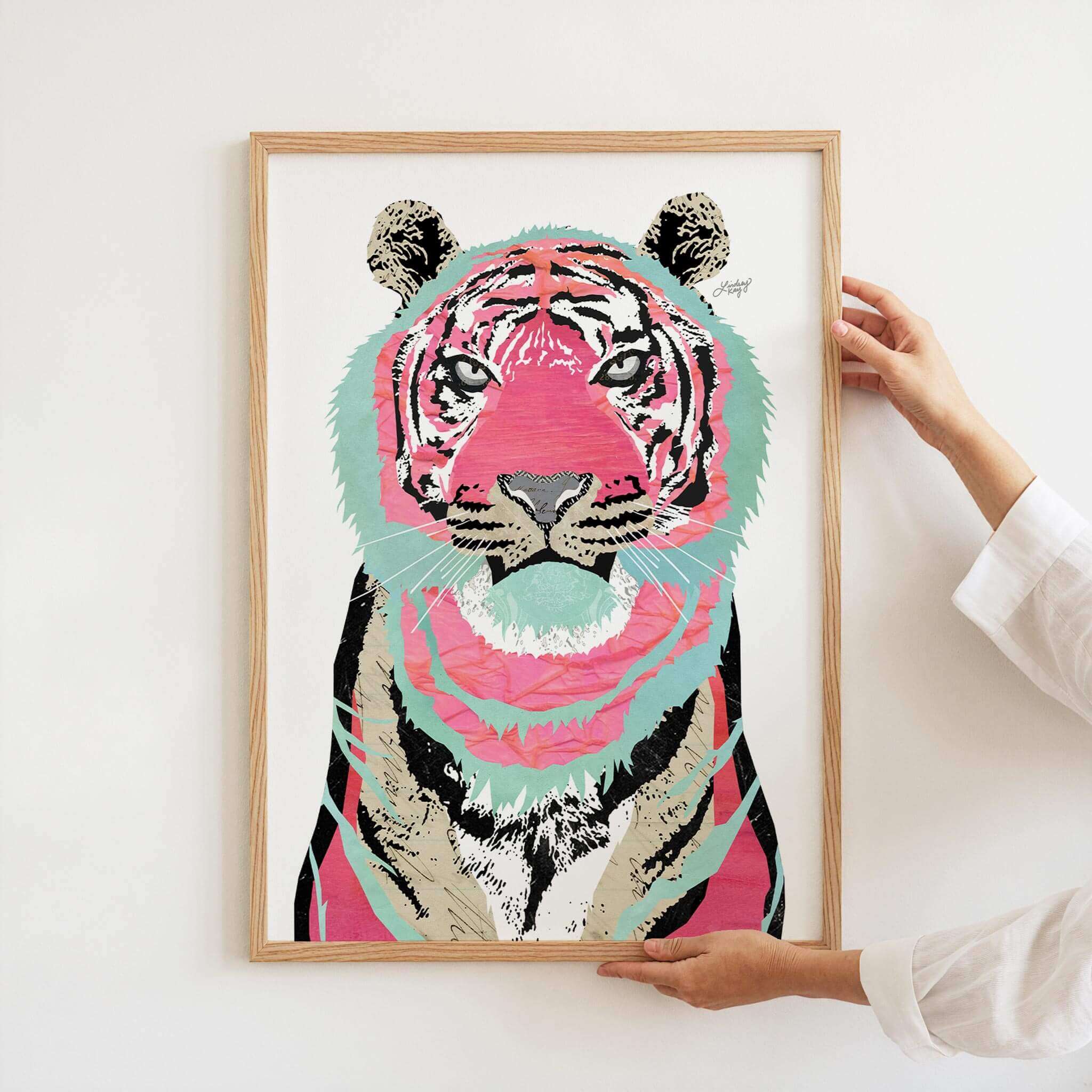 Teal and pink collaged tiger art print by Lindsey Kay Collective – one-of-a-kind animal wall art made from vintage paper – bold vibrant tiger design perfect for gallery walls, dorm rooms, or animal lovers – printed on enhanced matte paper with bright inks – available in 10 sizes