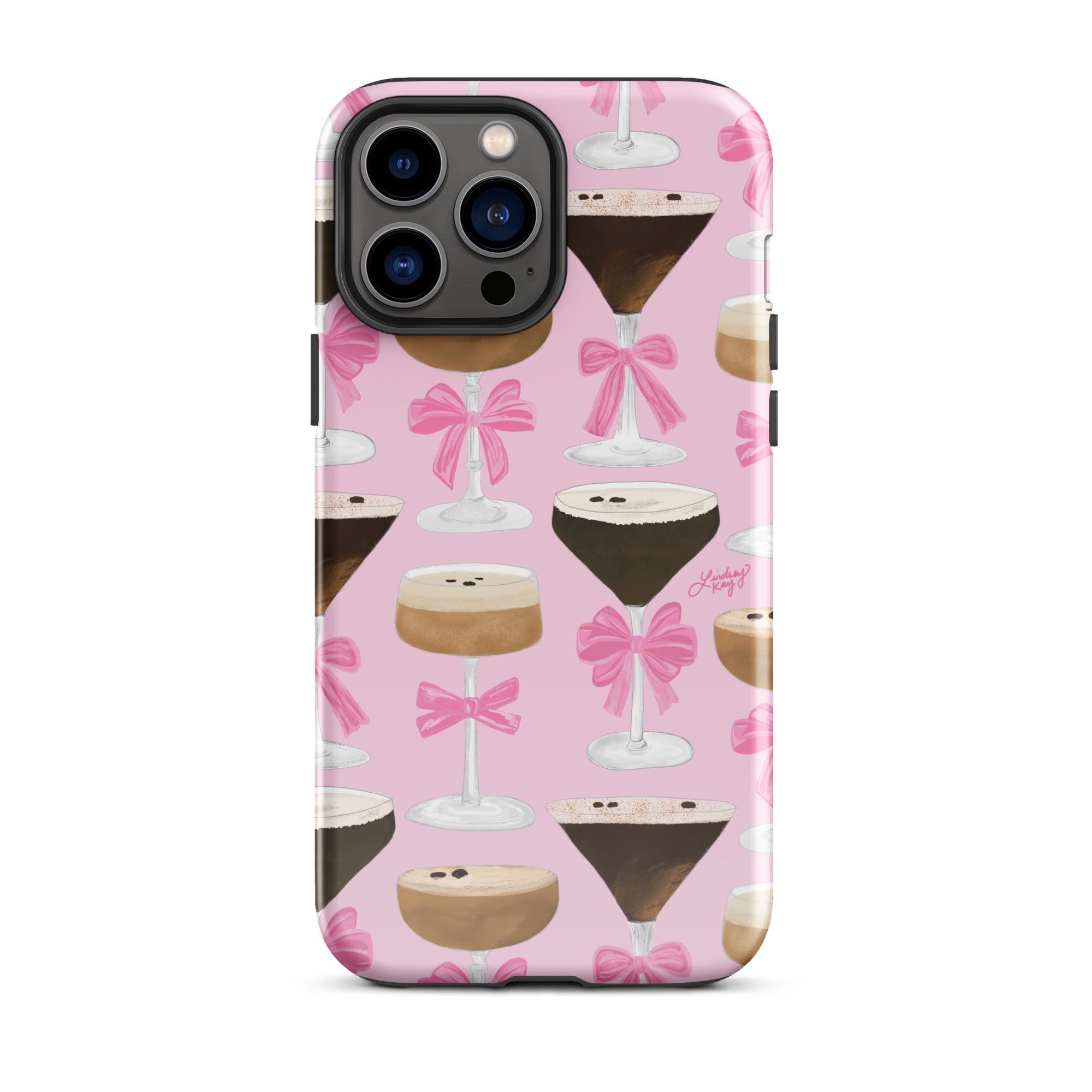 espresso martini pink ribbon pattern iphone tough case cover protective cute preppy sorority bachelorette coquette pretty girly lindsey kay collective iphone 13 pro max