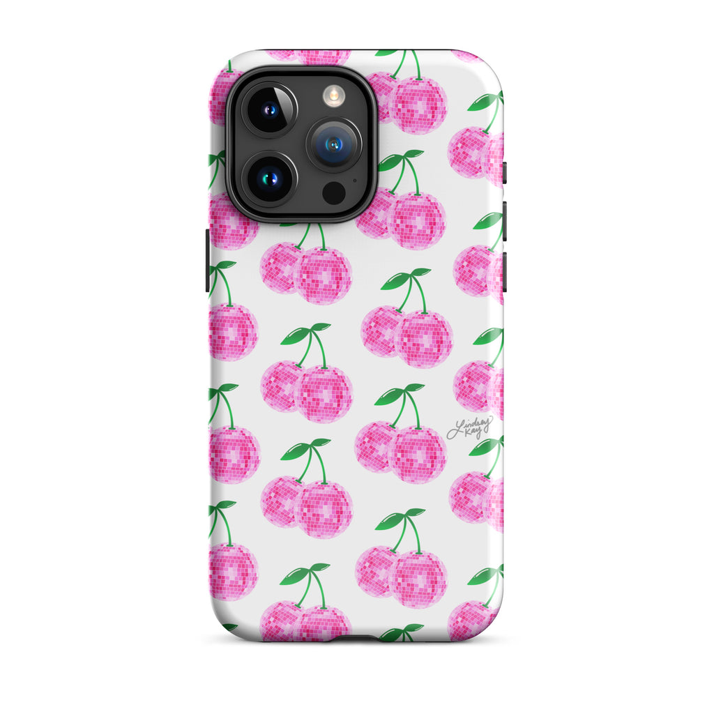 pink disco ball cherries illustration pattern iphone tough protector case cover retro cute iphone 15