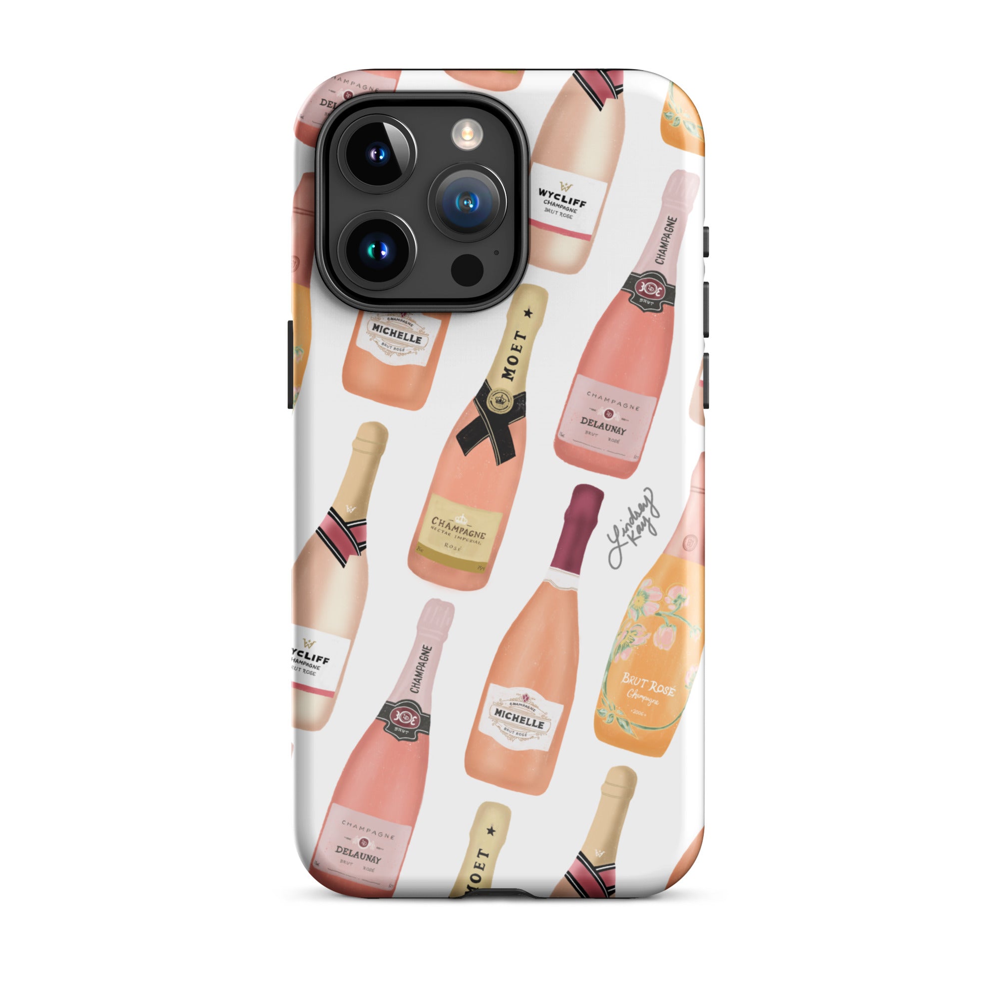 rose champagne bottles pattern illustration iphone 15 case all sizes tough cover durable trendy bachelorette gift bridesmaids wine celebrate party Lindsey Kay Collective