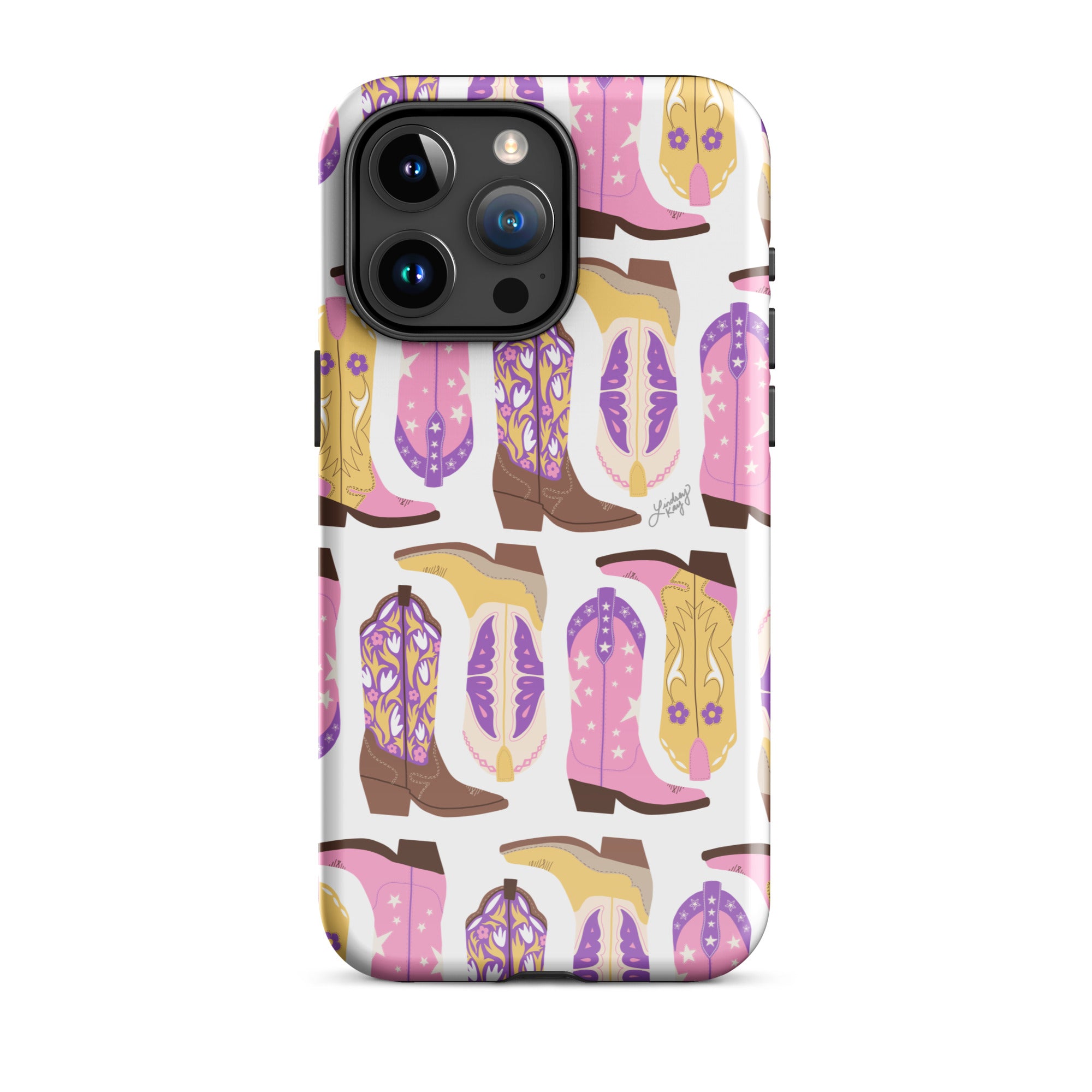 cowboy boots cowgirl western illustration pink purple yellow iphone phone case 15 iphone-max cover protector trendy western cute texas lindsey kay collective