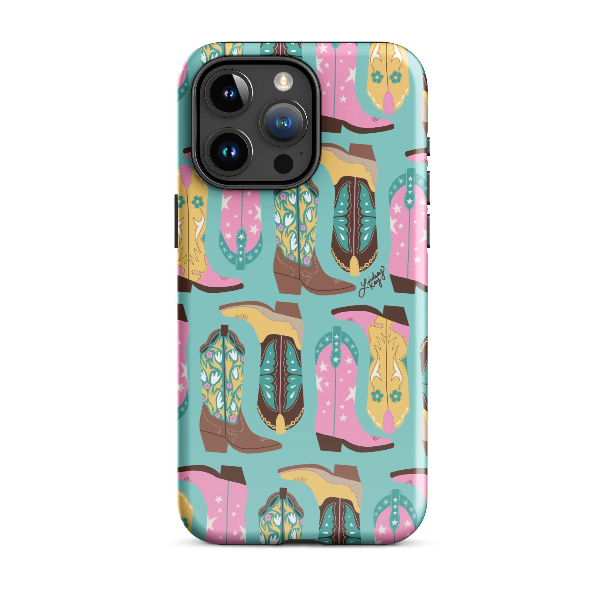 Hand-illustrated cowgirl boots iPhone case – pink, turquoise and yellow western design, durable MagSafe option by Lindsey Kay Collective