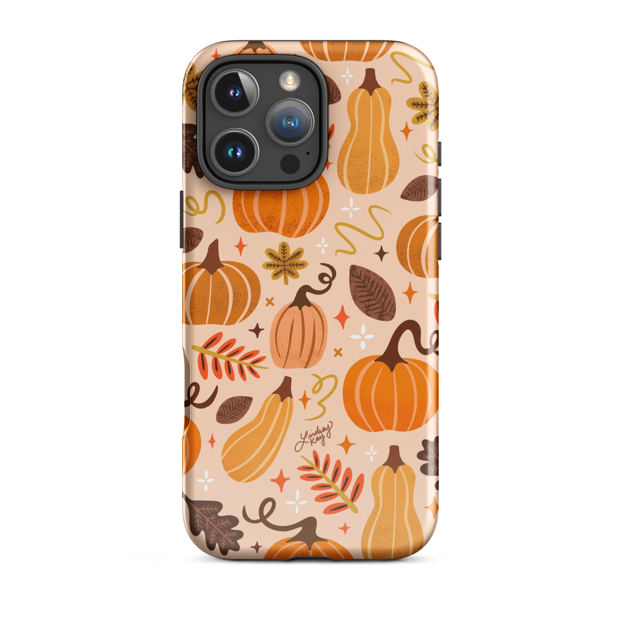 Hand-illustrated fall pumpkin iPhone case – autumn leaves pattern, durable MagSafe cover by Lindsey Kay Collective
