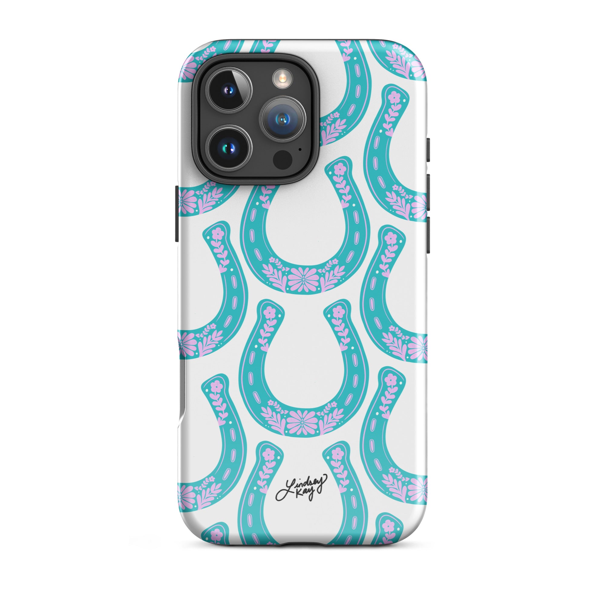 horseshoe pink turquoise illustration pattern floral western cowgirl cowboy iphone iphone-15 phone case cover clear lindsey kay collective