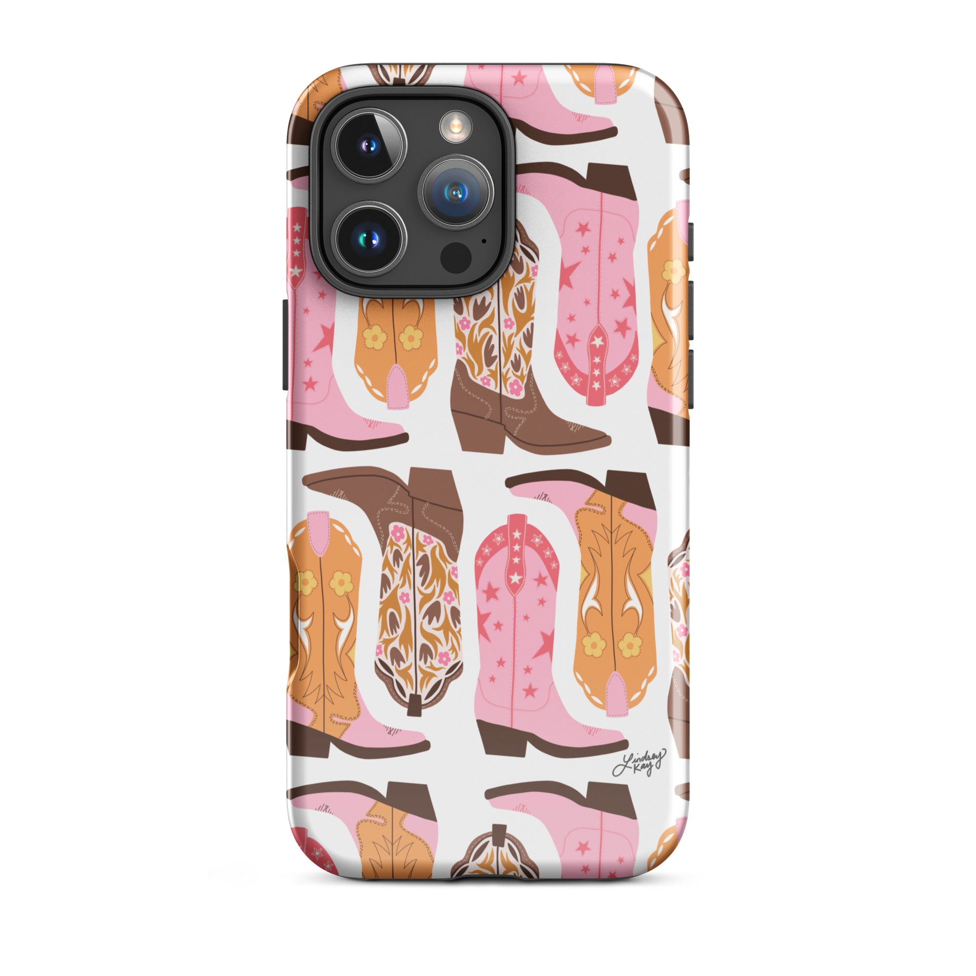 MagSafe iPhone case with pink, orange, and brown hand-illustrated cowgirl boots – Western-inspired protective phone case for country girls, rodeo style lovers, and trendy cowgirl aesthetic accessories