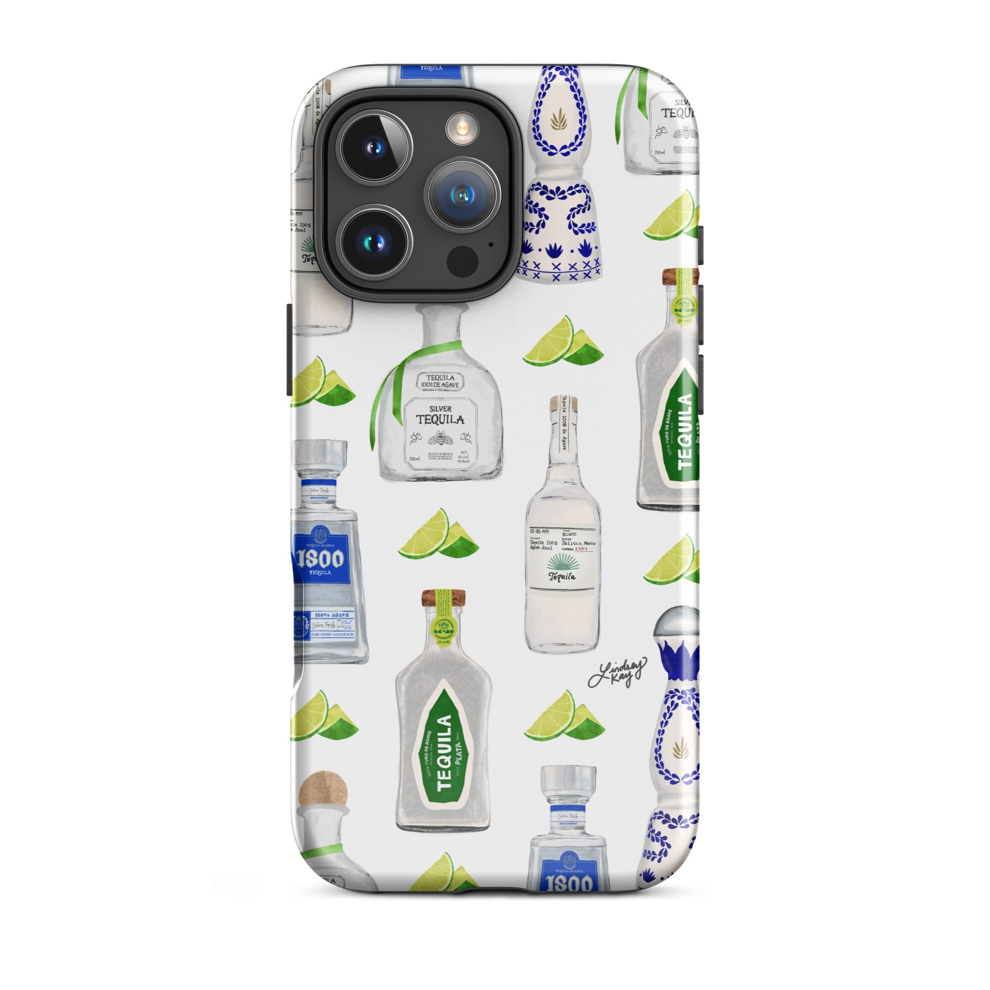 Cute and durable  iPhone case with a hand-drawn cute green and blue tequila bottles pattern, perfect for summer with a fun, girly, and trendy retro vibe.