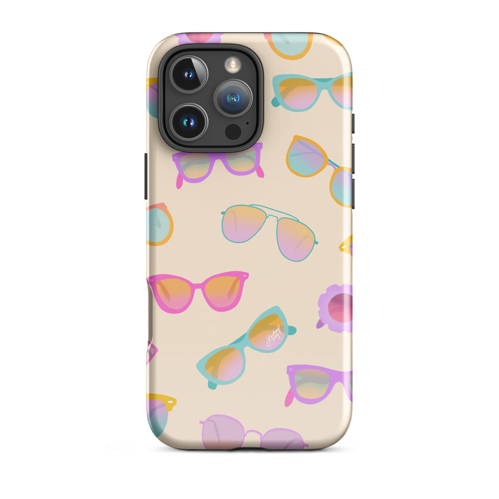 Cute and durable Tough iPhone case with a light yellow background and hand-drawn retro sunglasses, perfect for summer with a fun, girly, and trendy retro vibe.