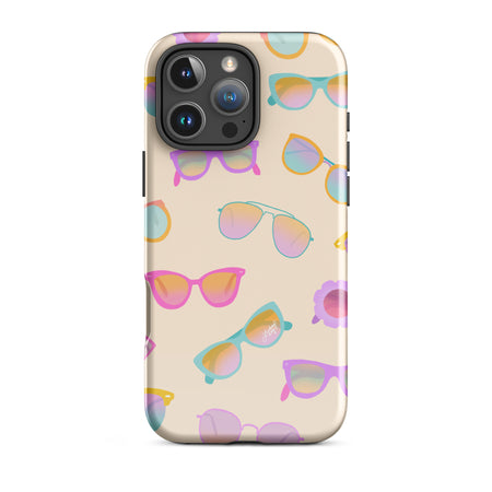 Cute and durable Tough iPhone case with a light yellow background and hand-drawn retro sunglasses, perfect for summer with a fun, girly, and trendy retro vibe.