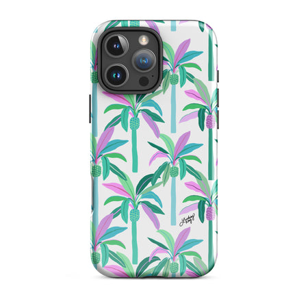 Cute and durable Phone case with a hand-drawn blue green and purple tropical patterned palm trees case, perfect for summer with a fun, girly, and trendy retro vibe.