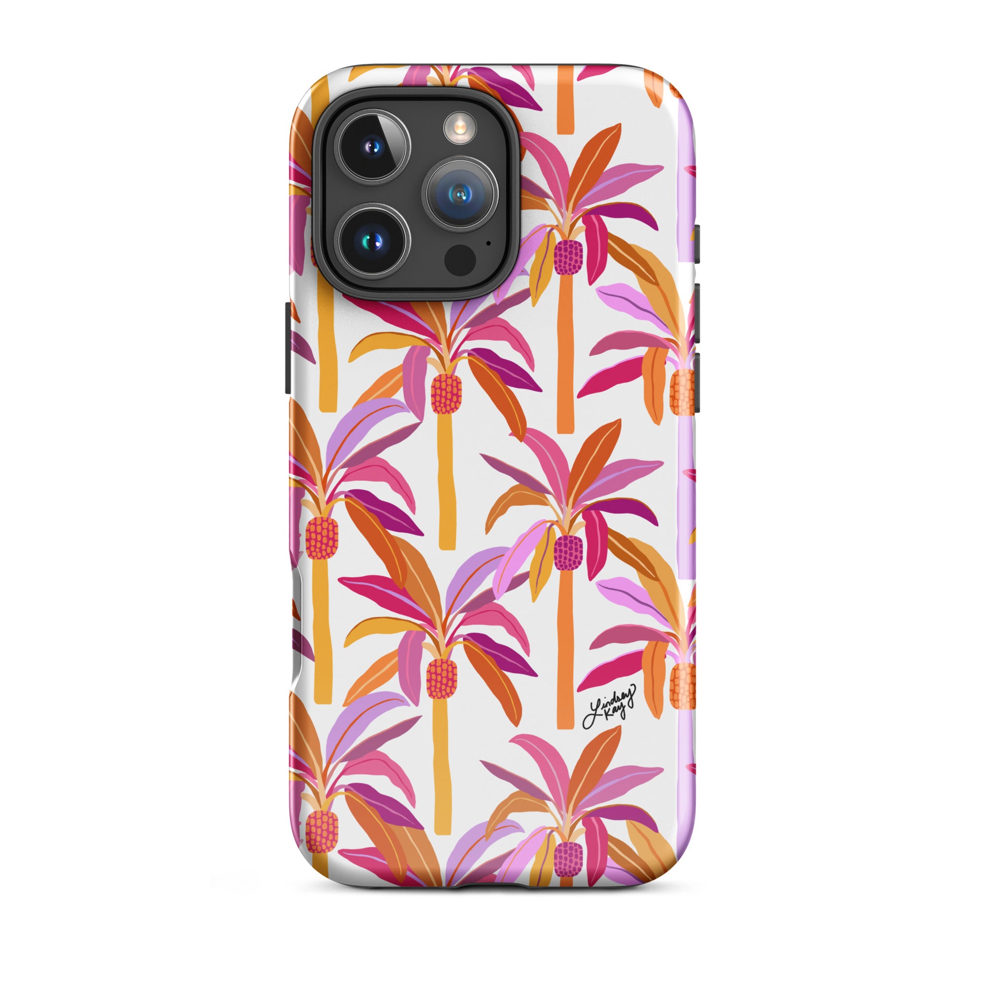 Cute and durable Phone case with a hand-drawn pink, orange and lilac tropical patterned palm trees case, perfect for summer with a fun, girly, and trendy retro vibe.