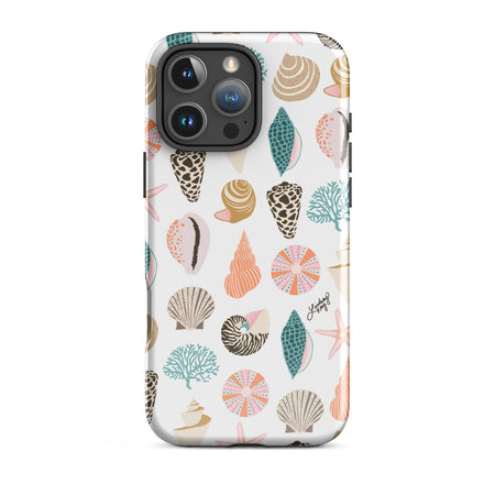 Cute and durable Phone case with a hand-drawn colorful tropical patterned seashell case, perfect for summer with a fun, girly, and trendy retro vibe.
