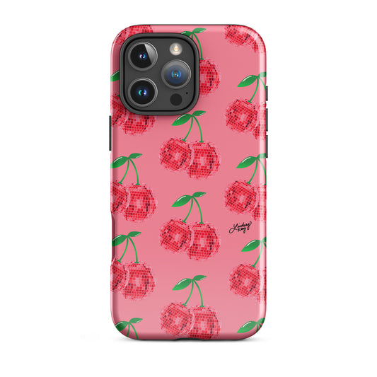 Cute and durable Phone case with a hand-drawn cute disco ball cherries pattern in red, perfect for summer with a fun, girly, and trendy retro vibe.