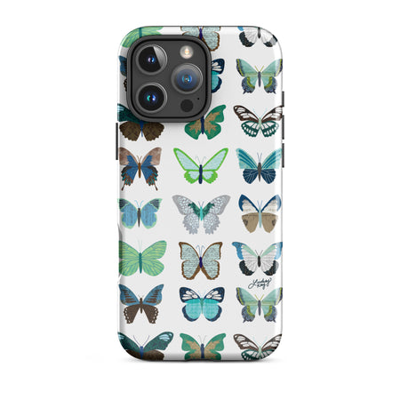 Cute and durable Phone case with a hand-drawn cute green and blue butterflies pattern in red, perfect for summer with a fun, girly, and trendy retro vibe.