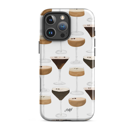 Stylish tough iPhone case featuring a hand-illustrated espresso martini pattern – durable protective phone cover for cocktail lovers, coffee enthusiasts, and trendy iPhone accessories shoppers