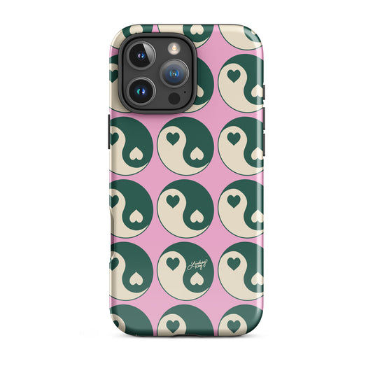 MagSafe iPhone case with pink, yellow, and white yin-yang heart design – durable and trendy phone case for stylish girls, summer aesthetic, Y2K vibes, and wireless charging compatibility