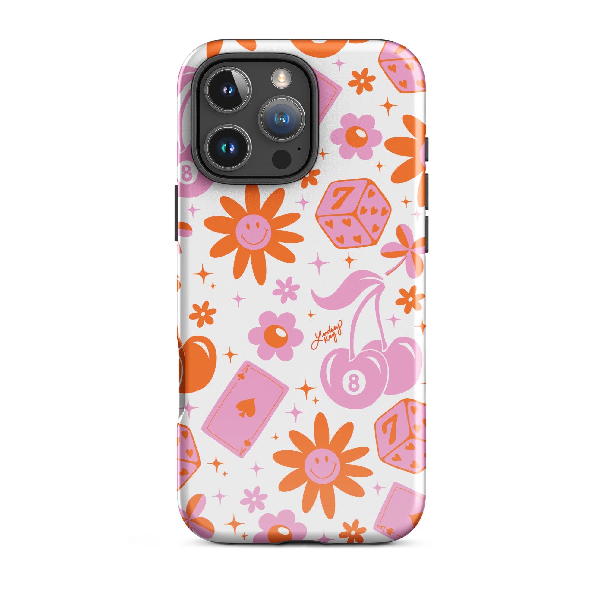 Retro MagSafe iPhone case with hand-illustrated cherries, smiley flowers, dice, hearts, and stars in a colorful pattern