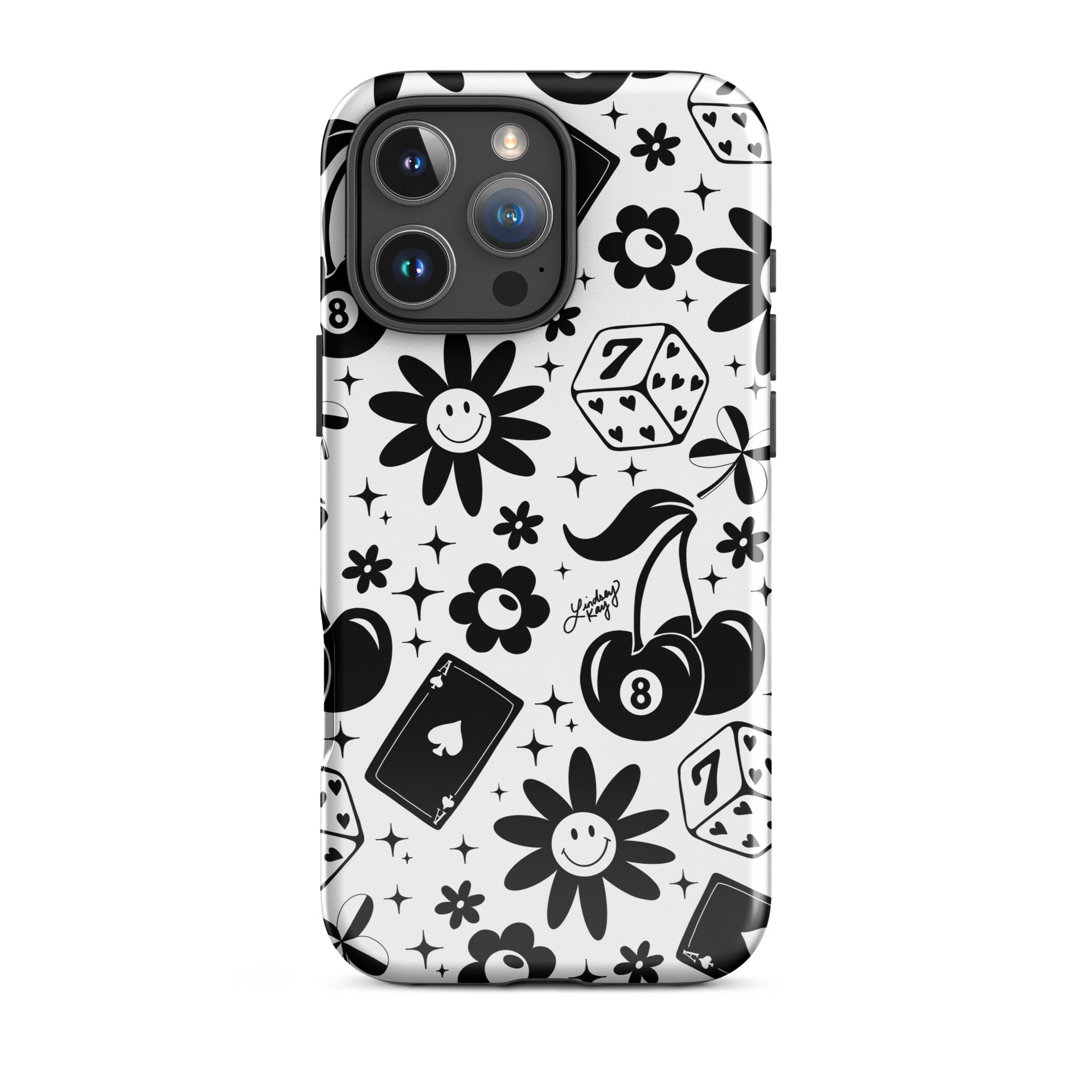 Retro MagSafe iPhone case with hand-illustrated cherries, smiley flowers, dice, hearts, and stars in a colorful pattern