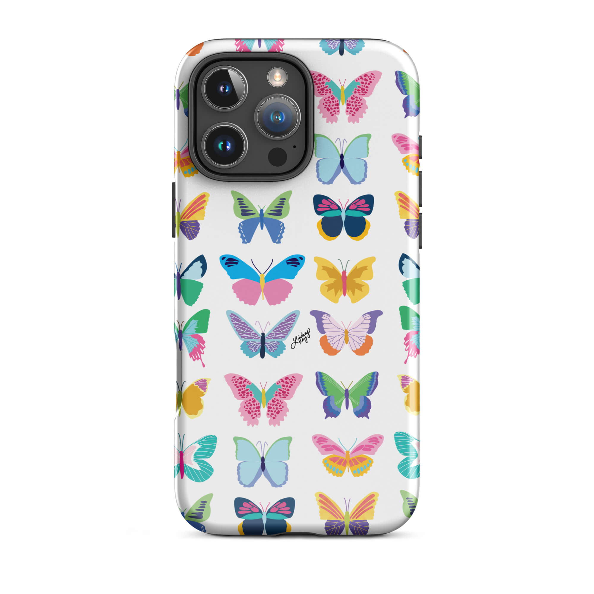 Hand-illustrated rainbow butterfly iPhone case – colorful girly design, durable cover by Lindsey Kay Collective
