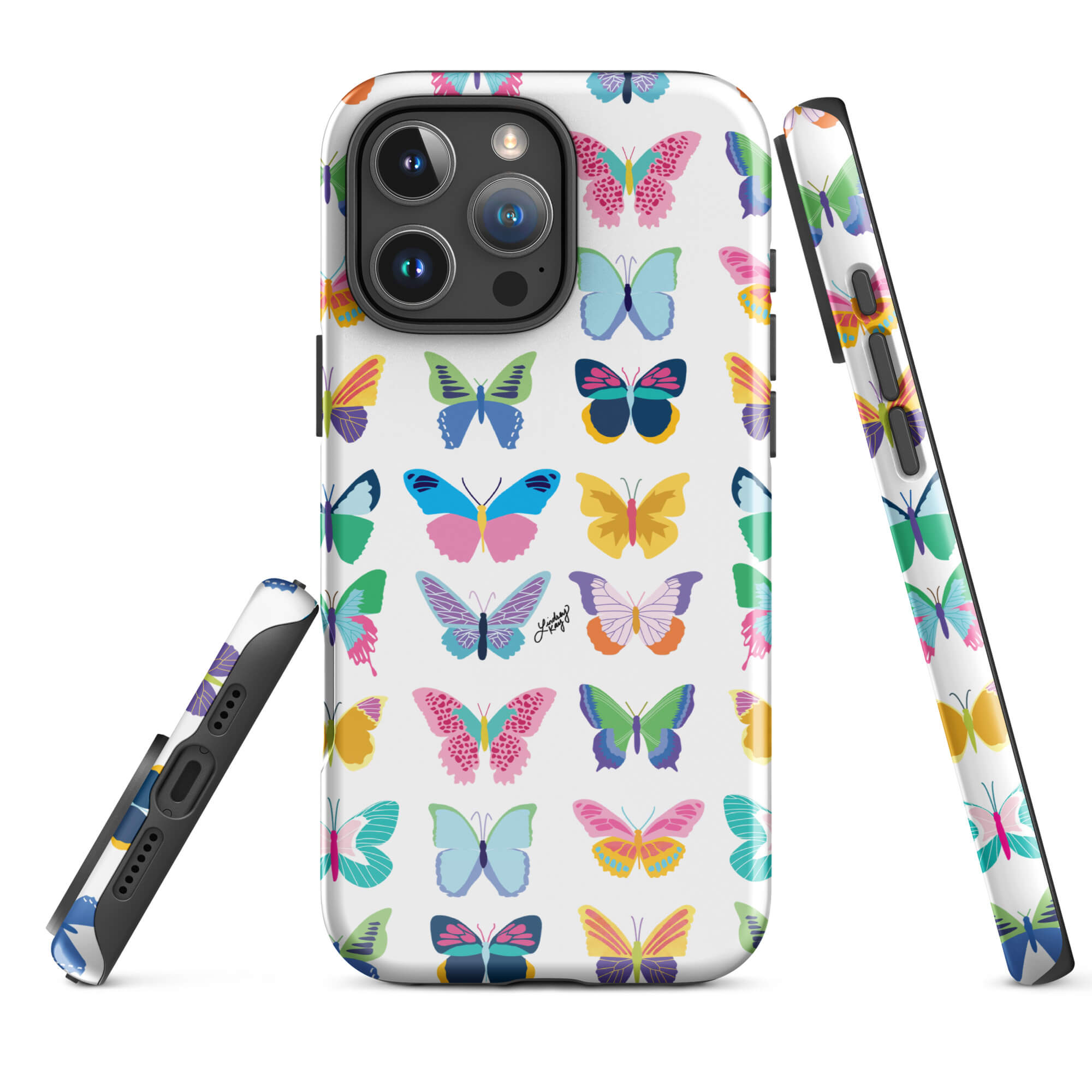 Hand-illustrated rainbow butterfly iPhone case – colorful girly design, durable cover by Lindsey Kay Collective