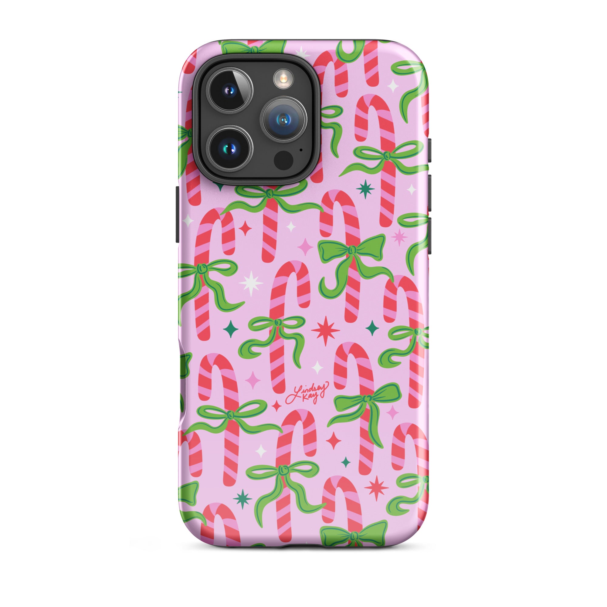 Hand-drawn festive candy cane iPhone case with ribbons in bright greens, pinks, and reds. Holiday phone case for girly, festive style. Available in Clear, Tough, MagSafe Clear, and MagSafe Tough for iPhone 11–17. Hand-illustrated by Lindsey Kay Collective — female-owned small business, no AI used.”