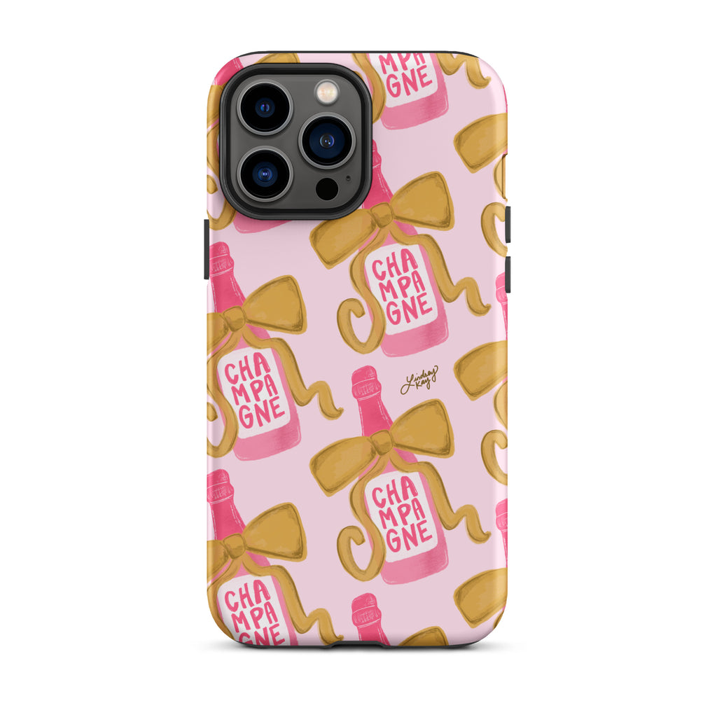 ribbon champagne bottles illustration pink gold iphone-15 iphone case cover tough durable shock-proof cute trendy bow feminine lindsey kay collective wine 